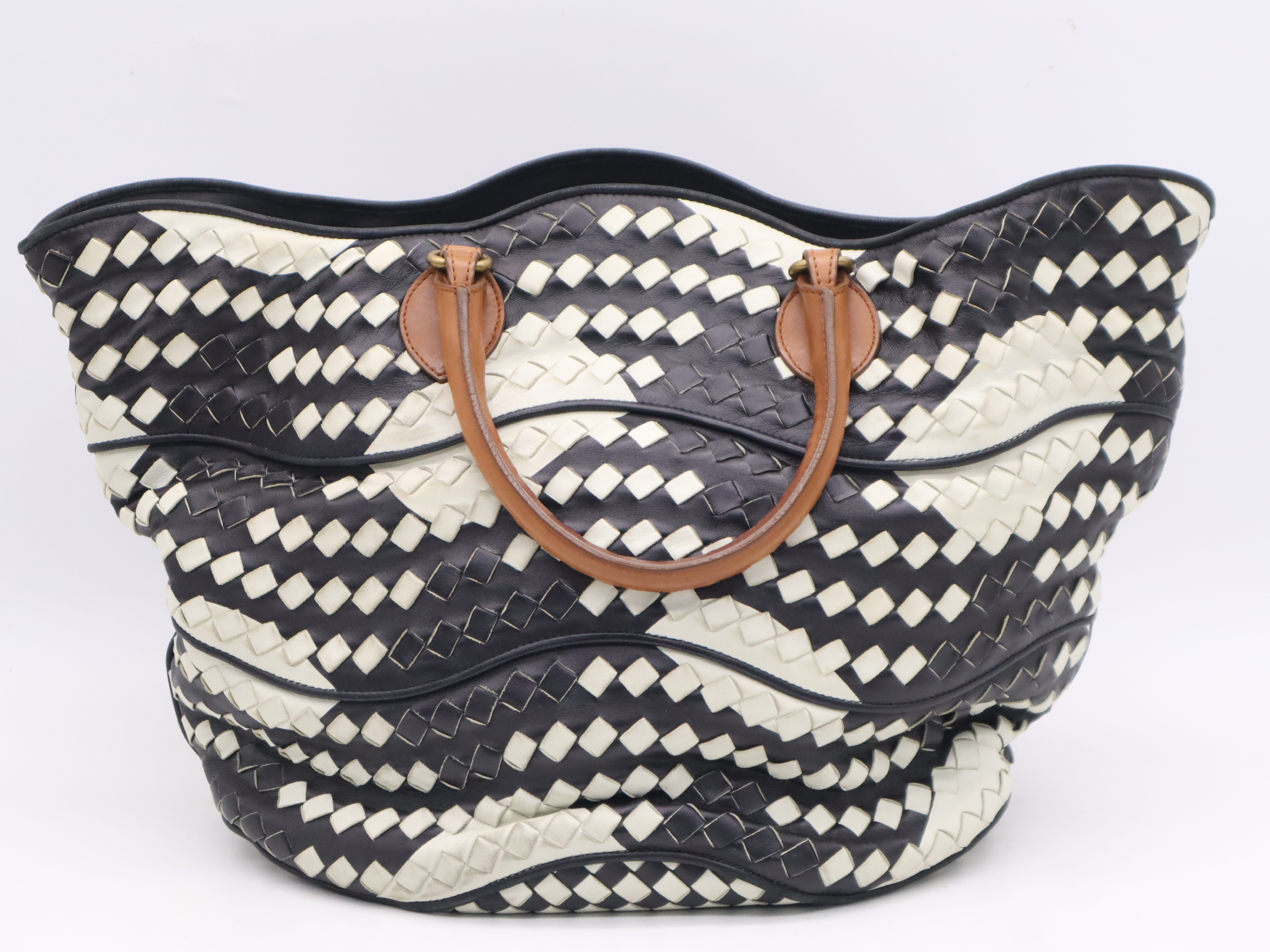 Leather Intrecciato Handbag, Black, White, Brown Tote Bag — view 2