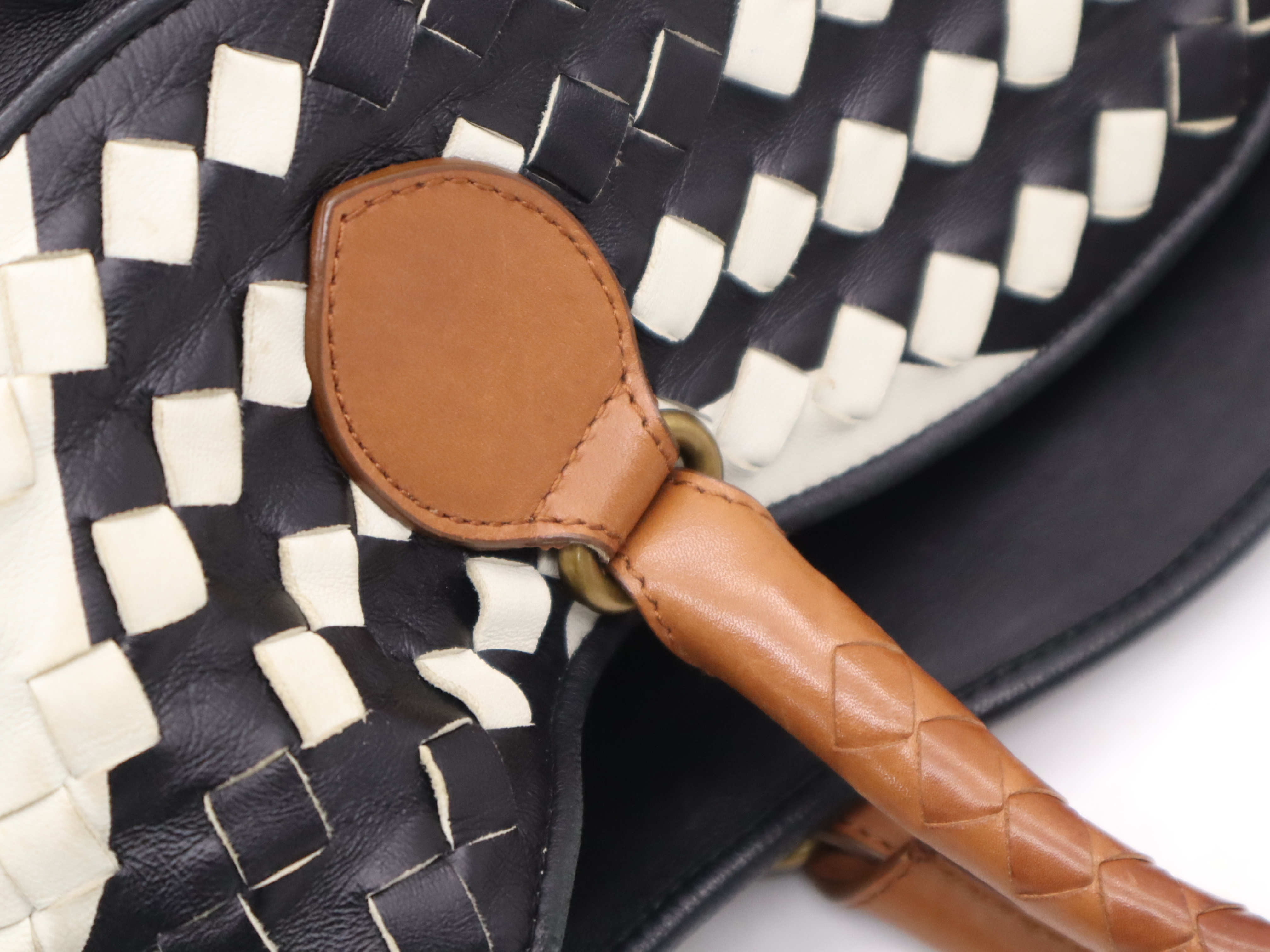 Leather Intrecciato Handbag, Black, White, Brown Tote Bag — view 7
