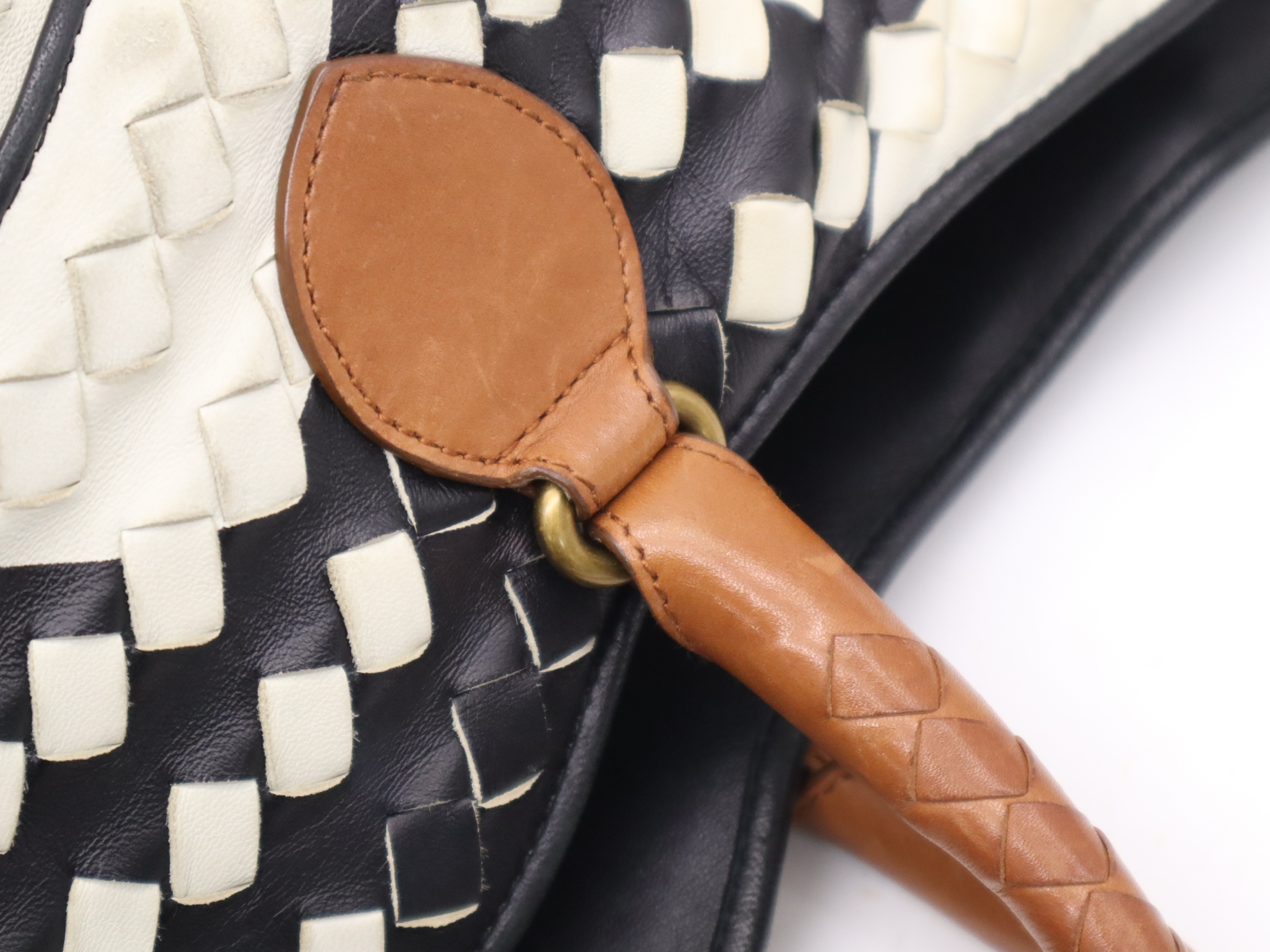 Leather Intrecciato Handbag, Black, White, Brown Tote Bag — view 8