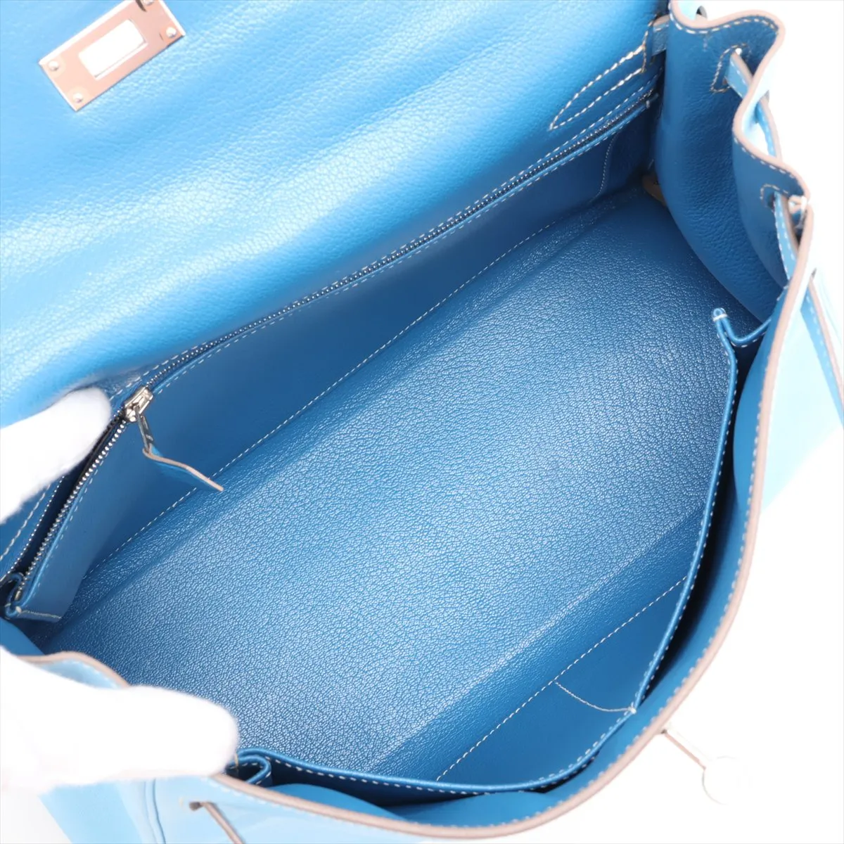 [Individually packaged] Hermes Kelly 32 Retournée Verso Veau Epsom Celeste x Mykonos Silver Hardware O: 2011 — view 8