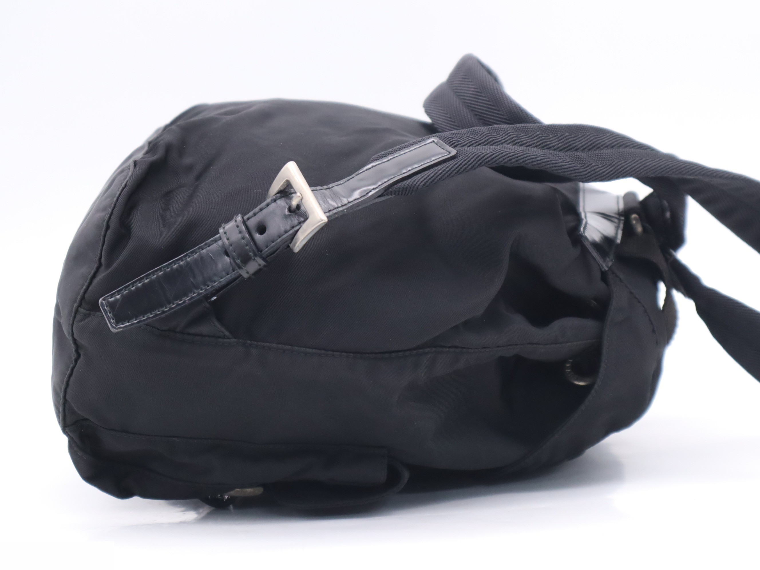 Nylon backpack with triangular logo, black, silver hardware. — view 5