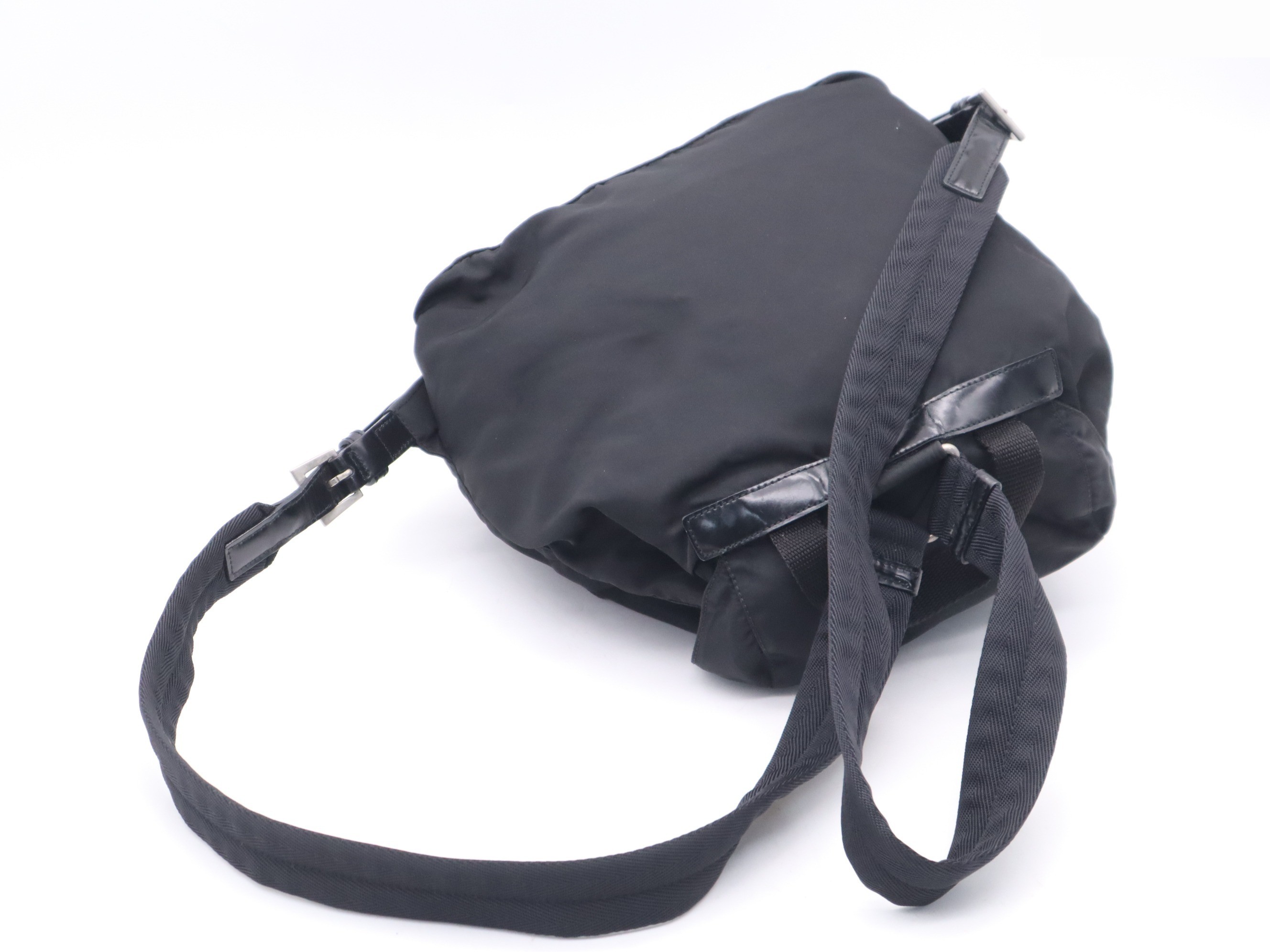Nylon backpack with triangular logo, black, silver hardware. — view 6