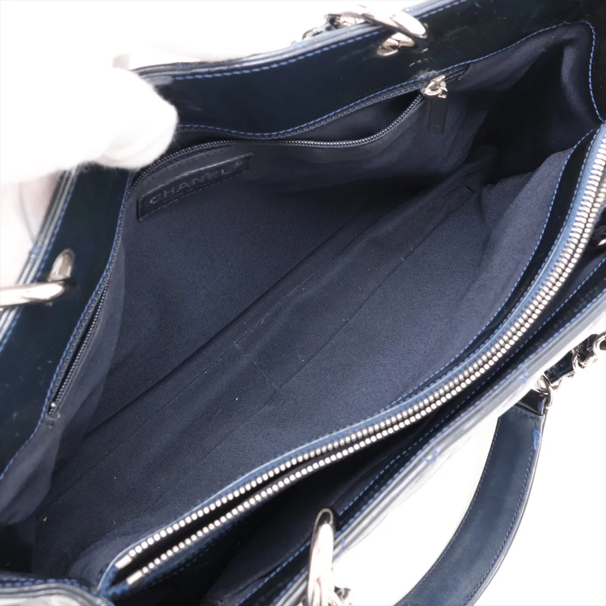 GST Patent Leather Chain Tote Bag, Navy, Silver Hardware, Item No. 13138493 (Serial No. 13) — view 7