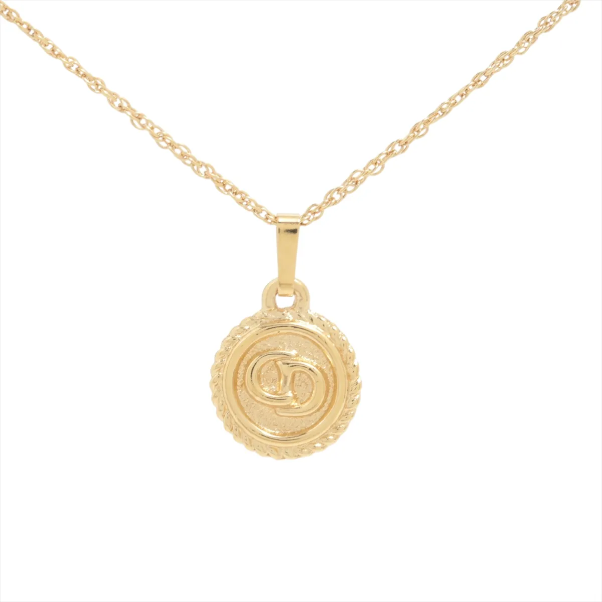 CD logo necklace, GP gold, shows signs of wear, tarnishing,