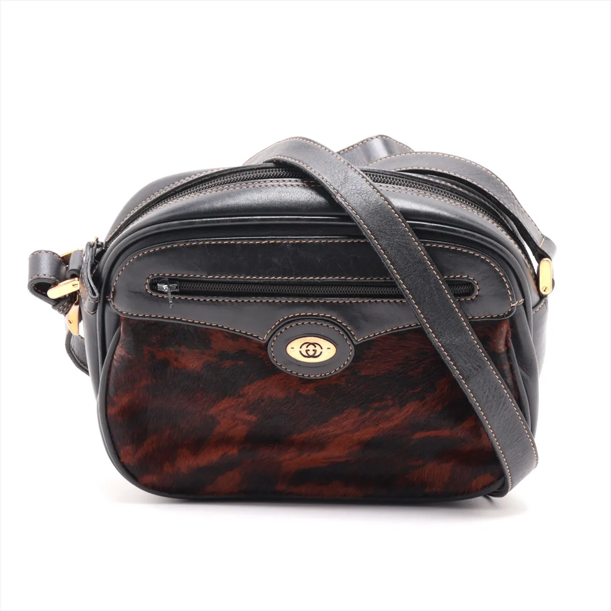 Old Gucci Calf Hair x Leather Shoulder Bag Brown
