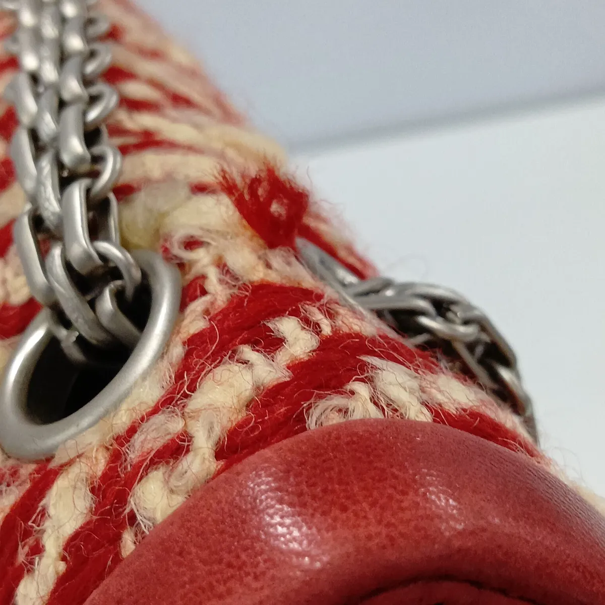 Coco Mark Tweed x Leather Single Flap Double Chain Bag, Red, Silver Hardware, 6273546 (Serial Number 6) — view 12