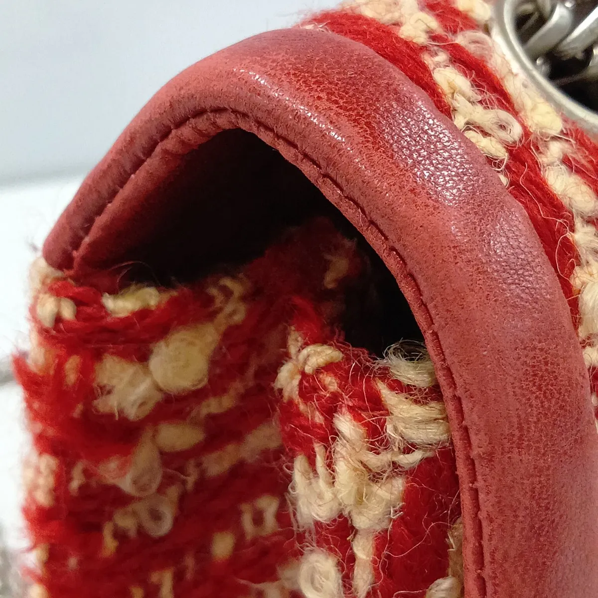 Coco Mark Tweed x Leather Single Flap Double Chain Bag, Red, Silver Hardware, 6273546 (Serial Number 6) — view 13