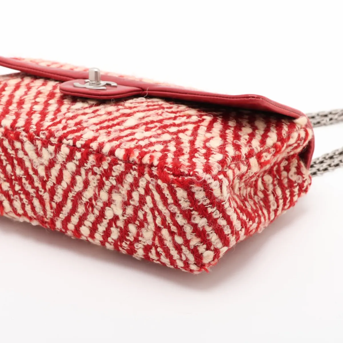 Coco Mark Tweed x Leather Single Flap Double Chain Bag, Red, Silver Hardware, 6273546 (Serial Number 6) — view 3