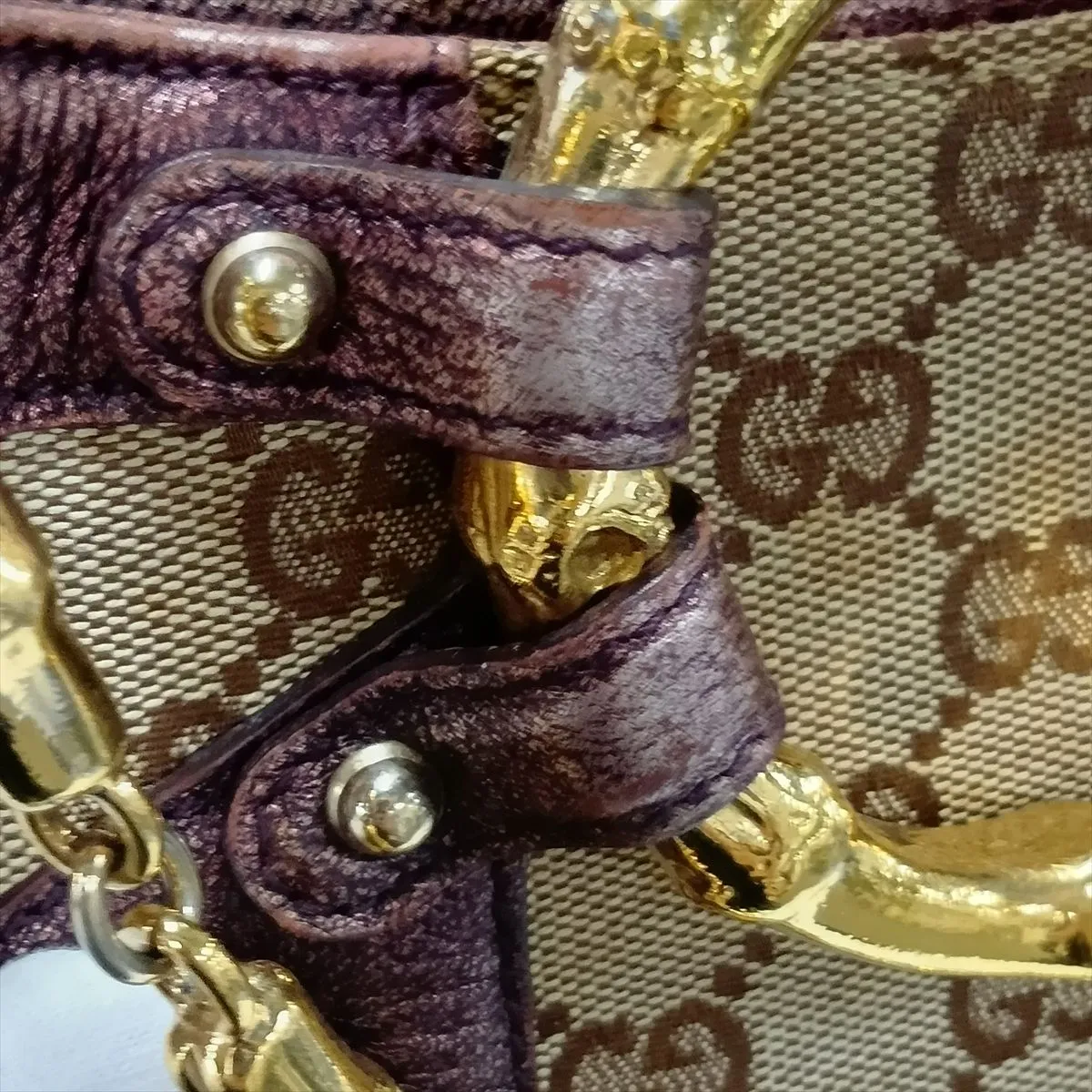 GG Canvas Bamboo 135962 Canvas x Leather Chain Shoulder Bag Beige x Purple — view 11