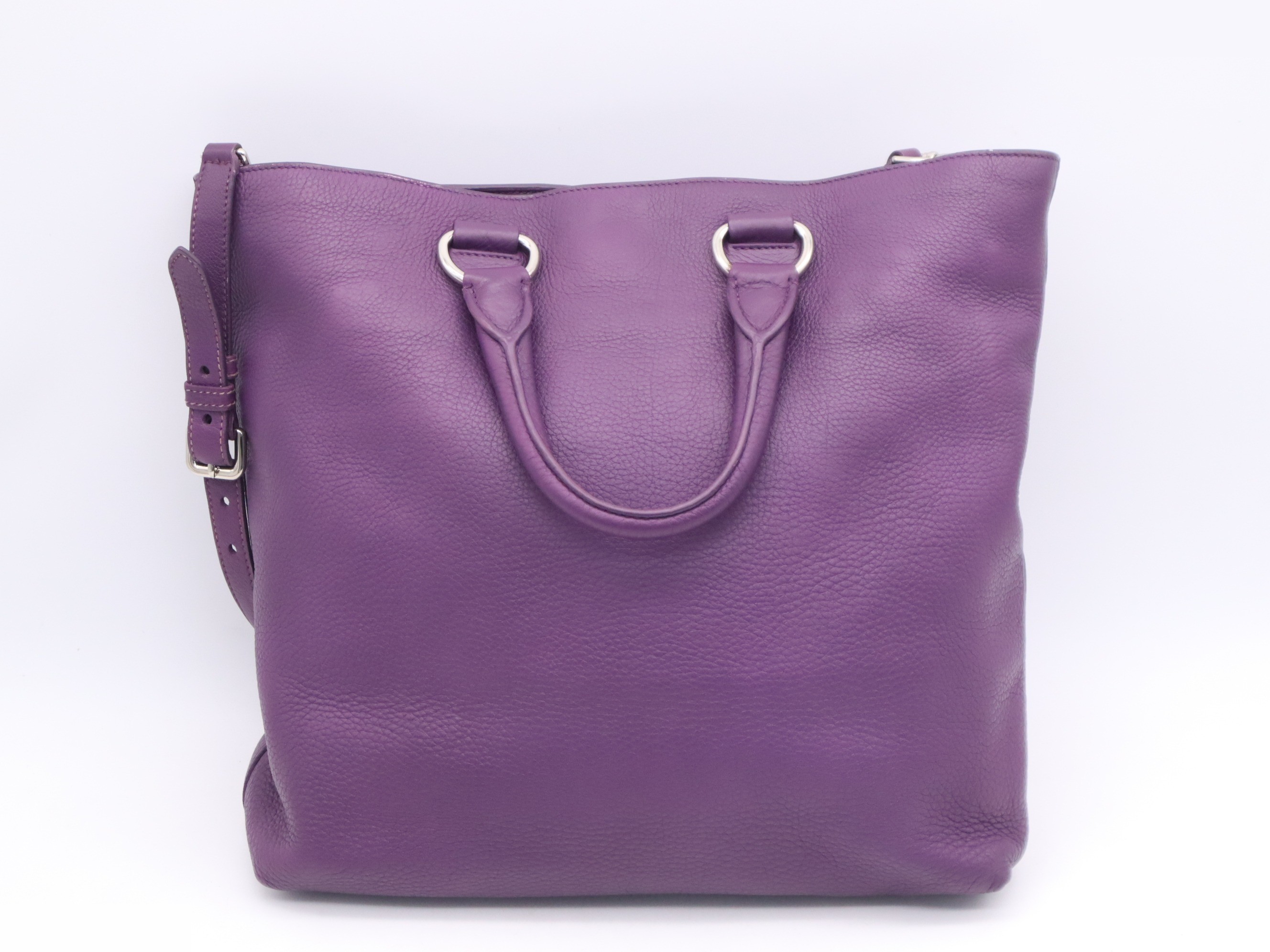 Leather 2-way tote bag, purple, silver hardware, shoulder strap, name tag. — view 2