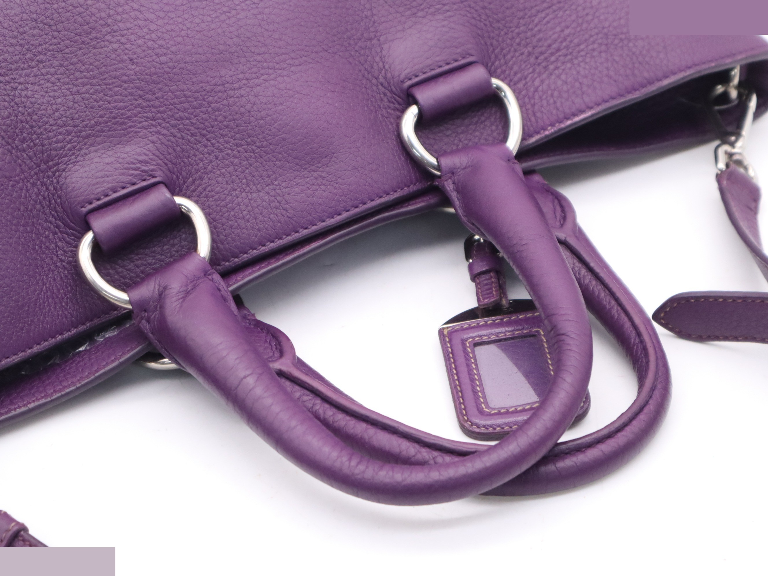 Leather 2-way tote bag, purple, silver hardware, shoulder strap, name tag. — view 6