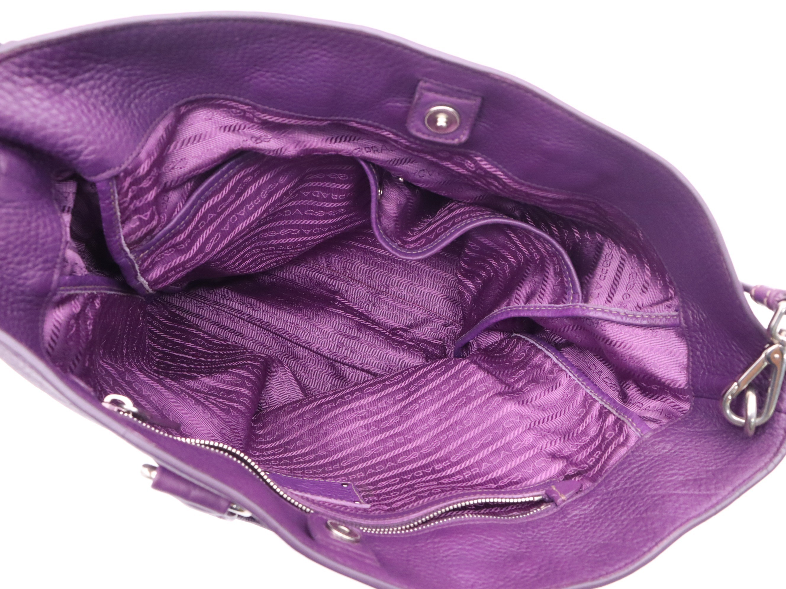 Leather 2-way tote bag, purple, silver hardware, shoulder strap, name tag. — view 7