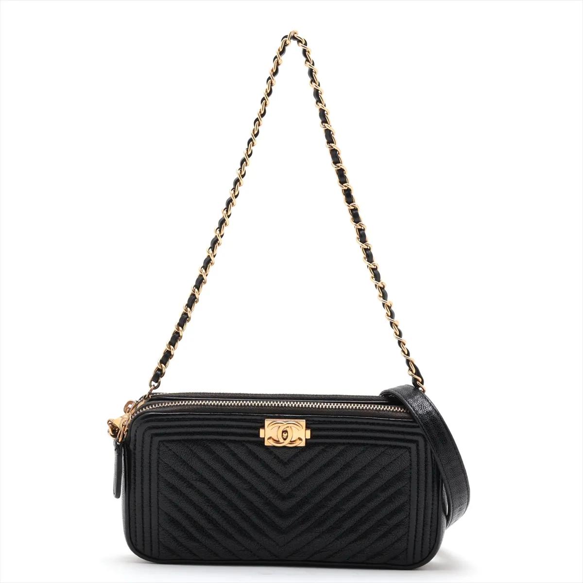 Boy Chanel Caviar Skin Chain Wallet, V-stitch, Black, Gold Hardware, 27926180, Serial Number 27