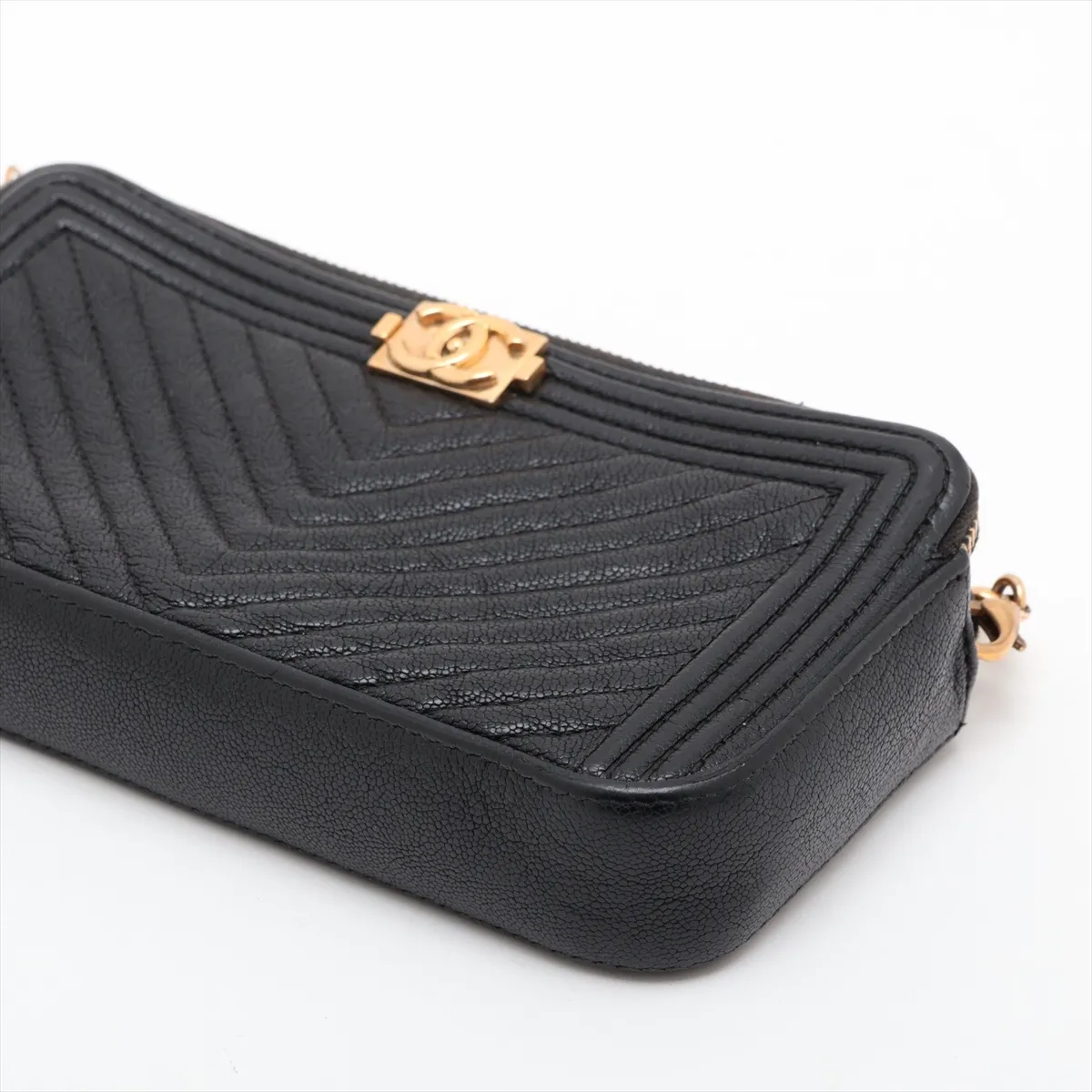 Boy Chanel Caviar Skin Chain Wallet, V-stitch, Black, Gold Hardware, 27926180, Serial Number 27 — view 3