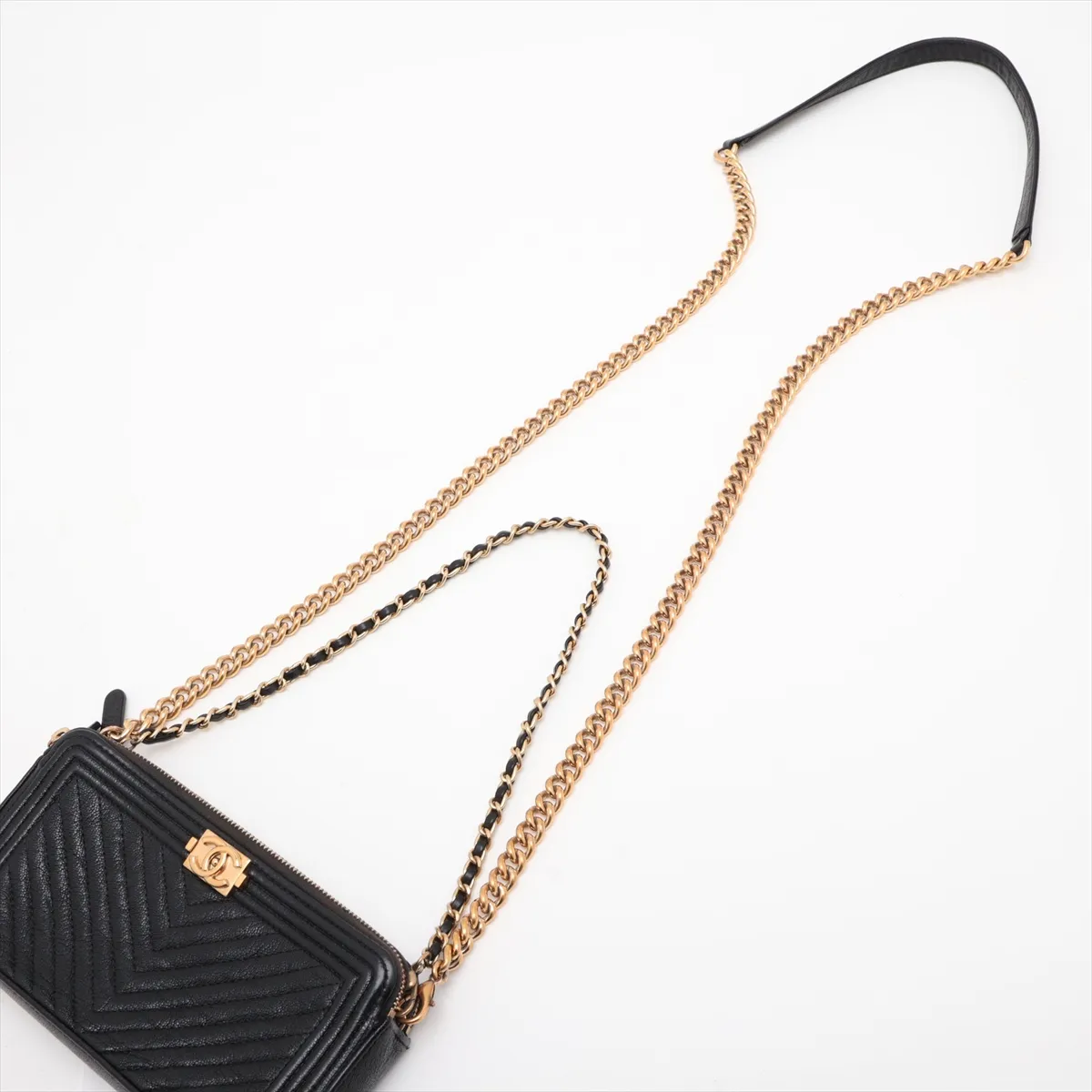 Boy Chanel Caviar Skin Chain Wallet, V-stitch, Black, Gold Hardware, 27926180, Serial Number 27 — view 5