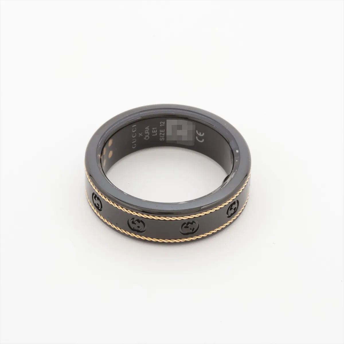 x Aura Interlocking G Ring, Size 12, Titanium, Black x Gold, — view 2