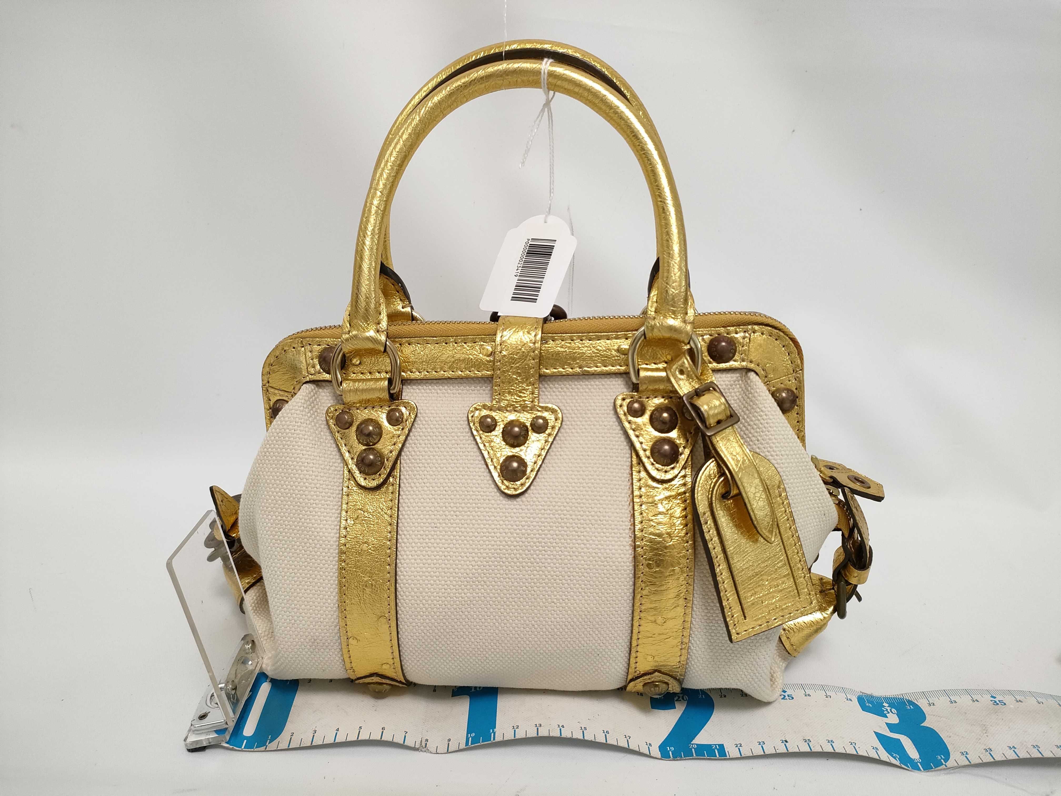 FR - Sac de Nuit beige canvas x gold leather handbag — view 2