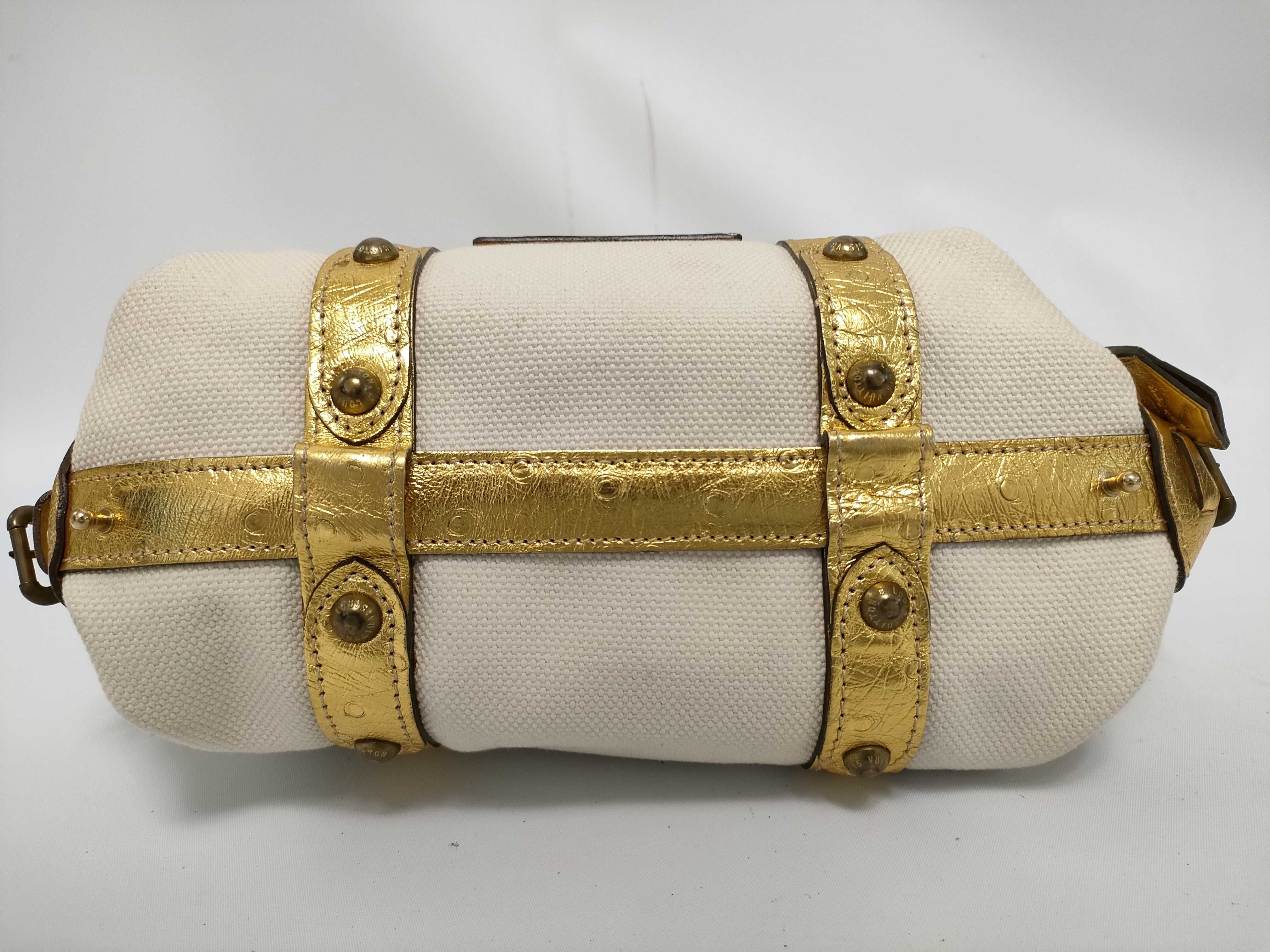 FR - Sac de Nuit beige canvas x gold leather handbag — view 3