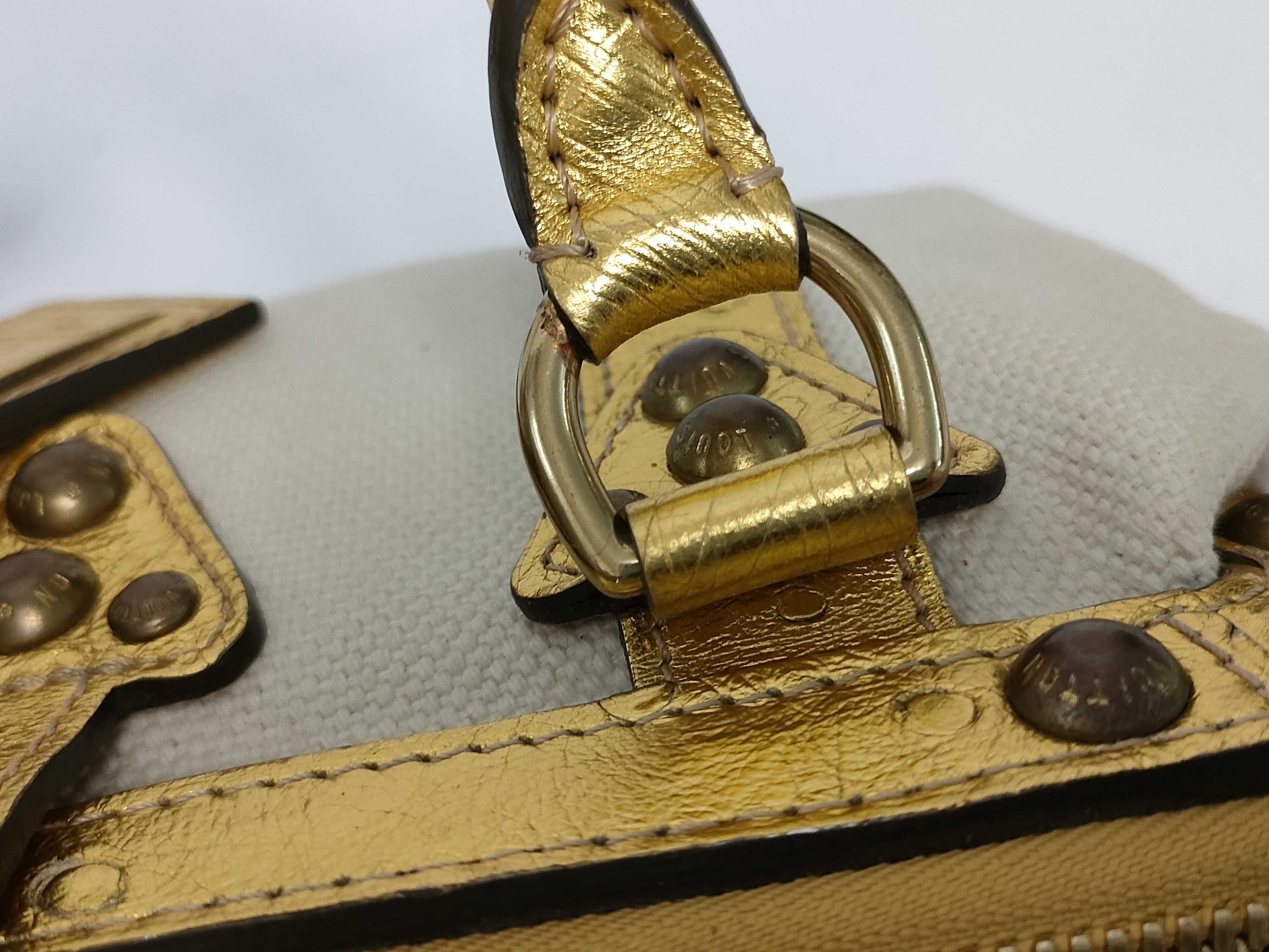 FR - Sac de Nuit beige canvas x gold leather handbag — view 7