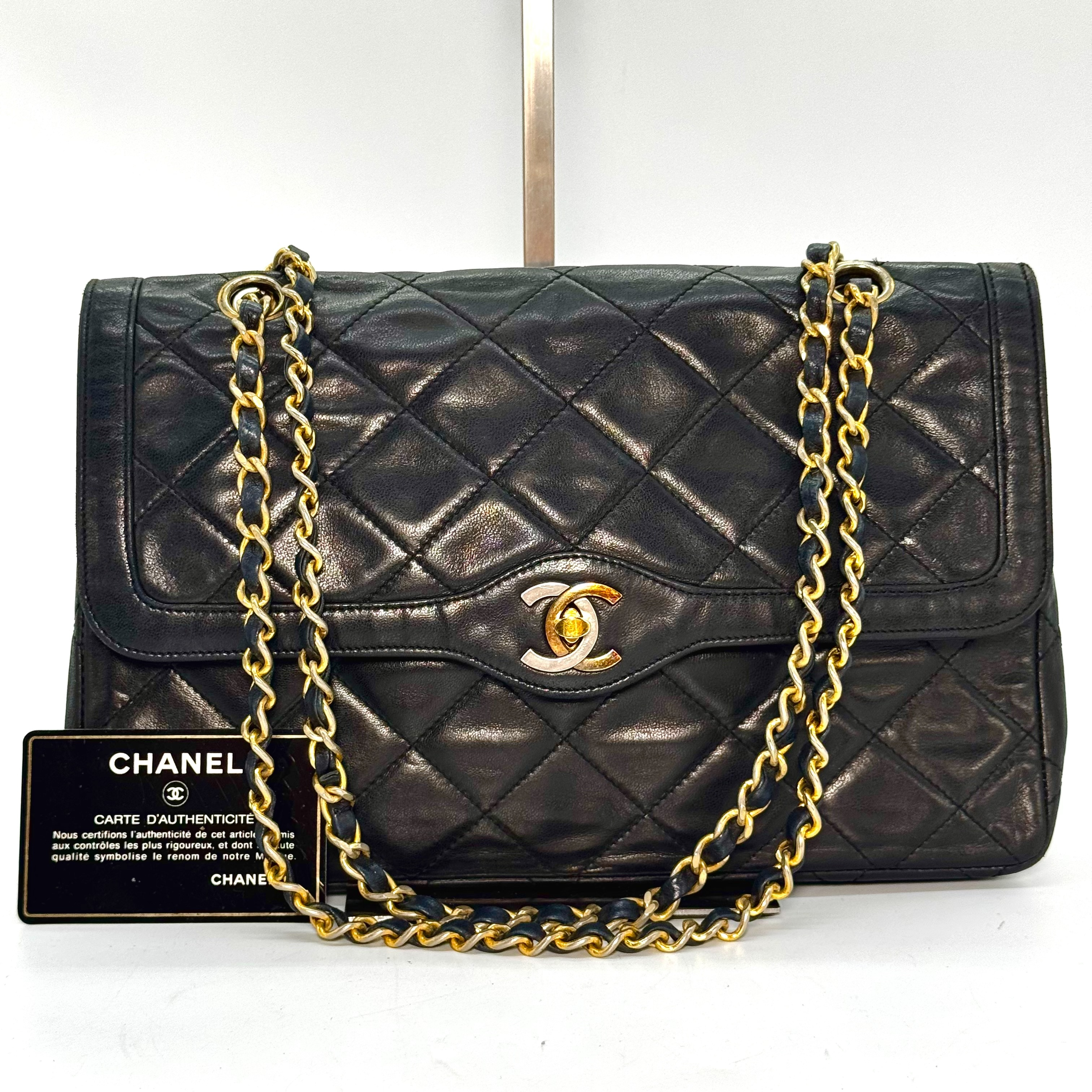 Matelassé Lambskin Double Flap Chain Shoulder Bag, Paris Limited Edition, Black, 0778153, with Guarantee Card.