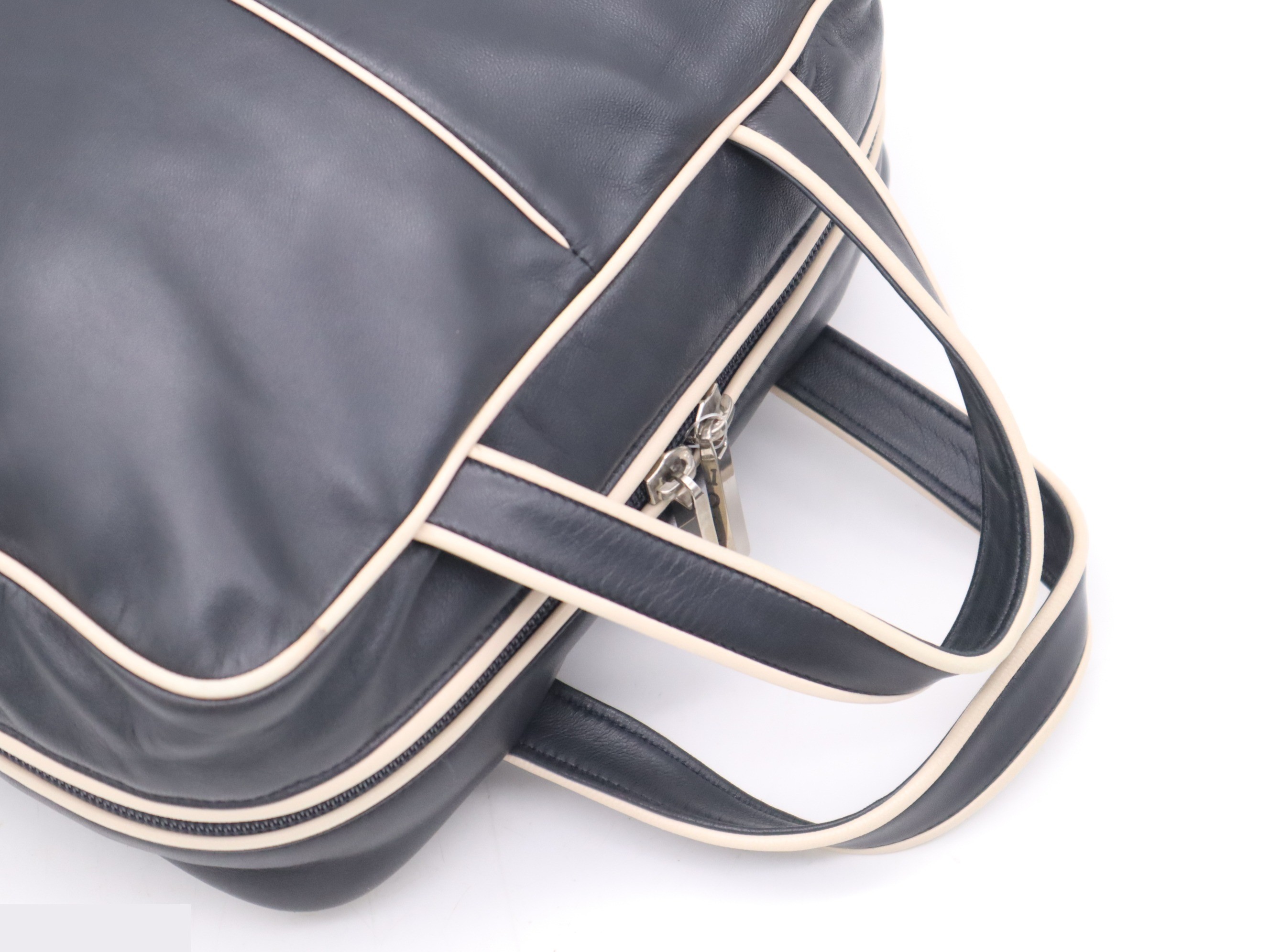 Leather handbag, black and white, silver hardware. — view 6