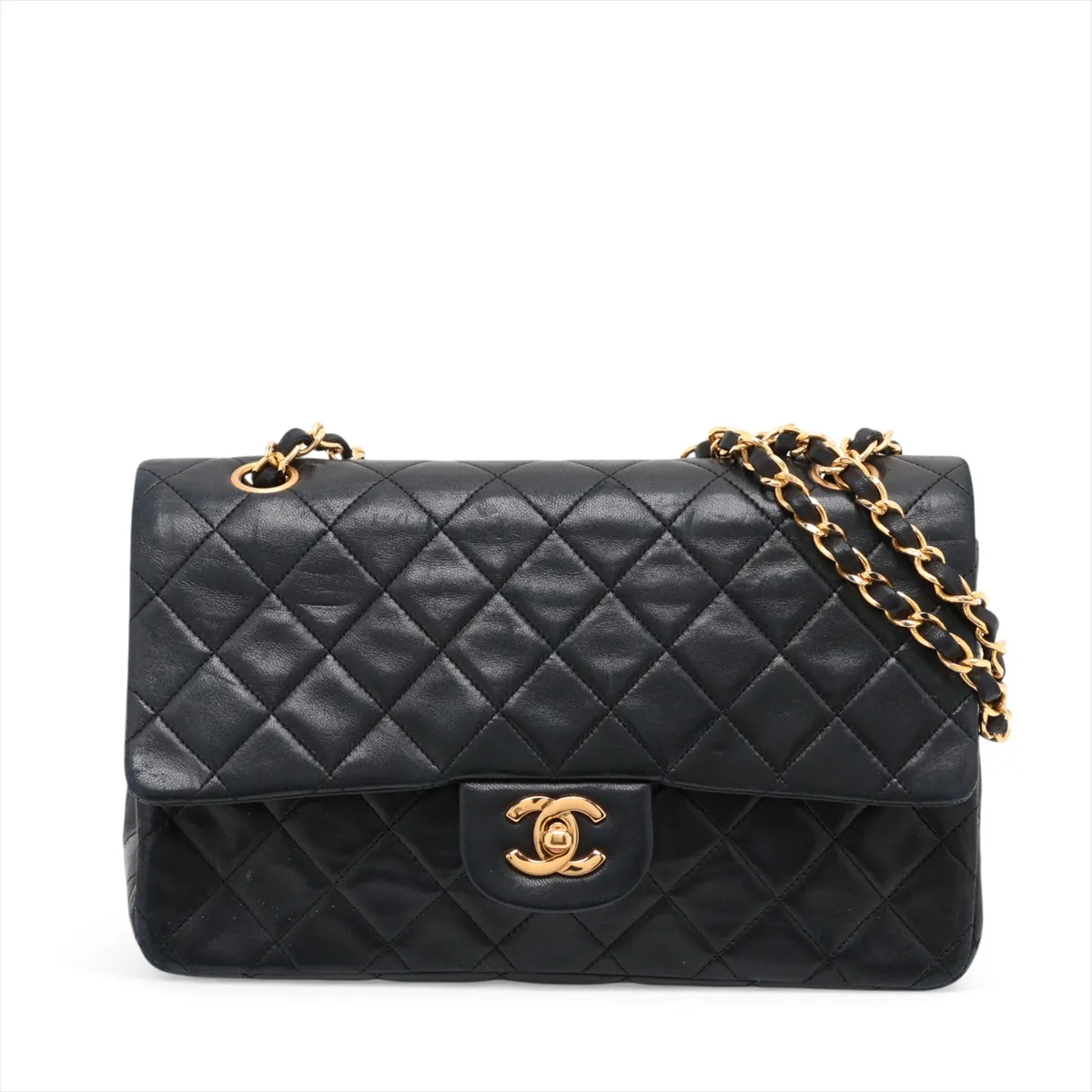 Matelassé 25 Lambskin Double Flap Double Chain Bag, Black with Gold Hardware, 1448737, Series 1, A01112