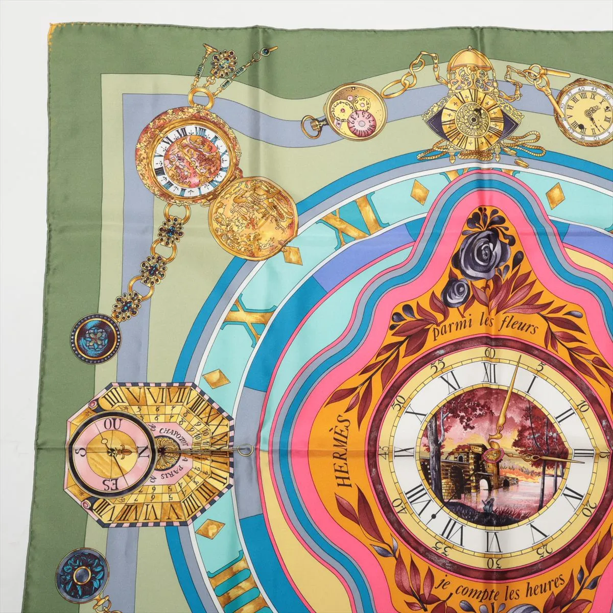 Carre 90 Parmi les fleurs je compte les heures Time spent among flowers Scarf Silk Green Scratching Thread — view 2