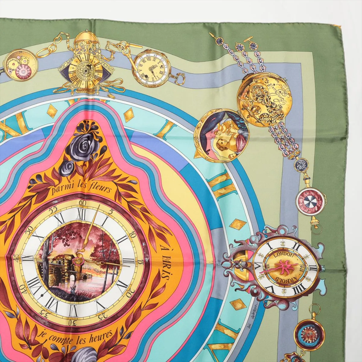 Carre 90 Parmi les fleurs je compte les heures Time spent among flowers Scarf Silk Green Scratching Thread — view 3