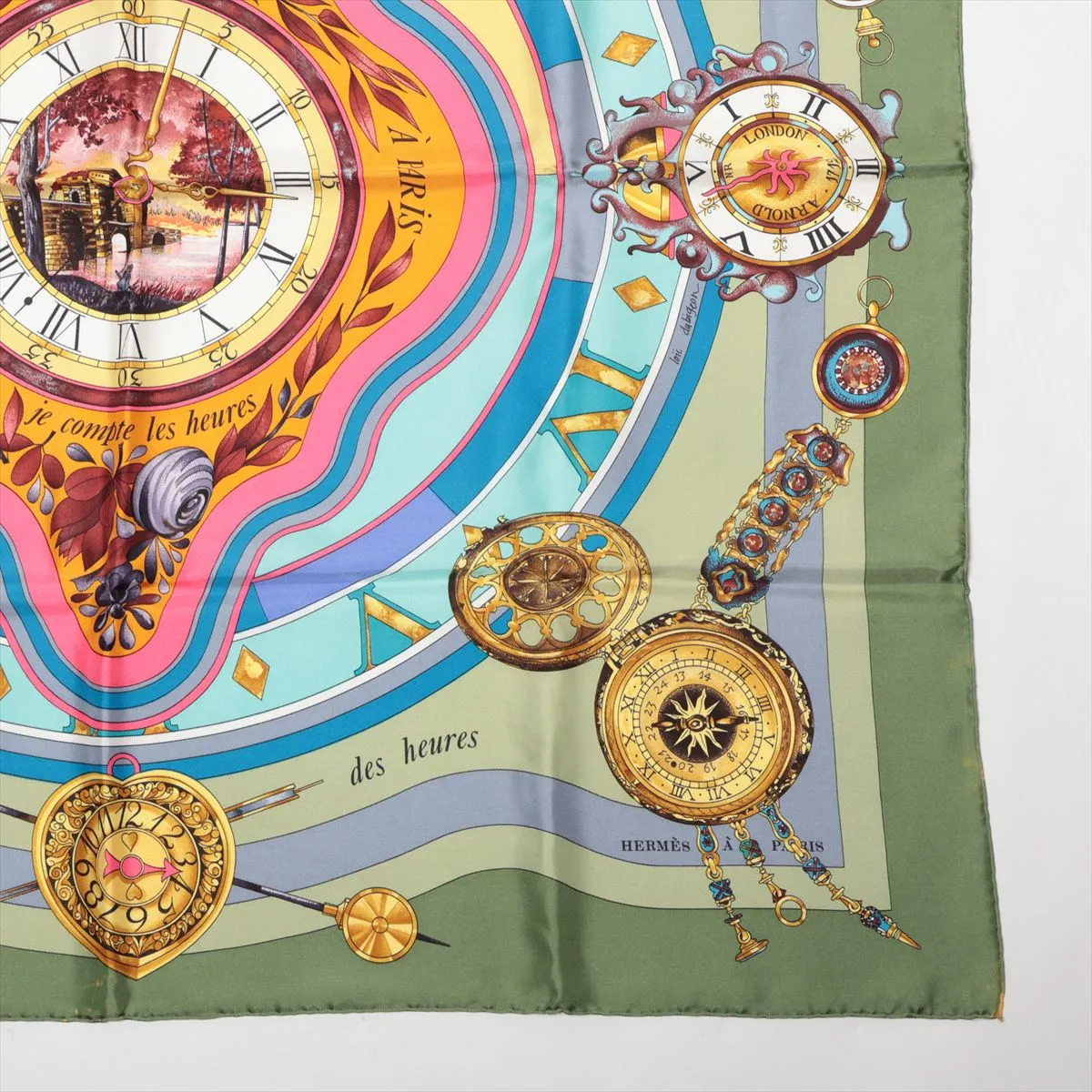 Carre 90 Parmi les fleurs je compte les heures Time spent among flowers Scarf Silk Green Scratching Thread — view 4