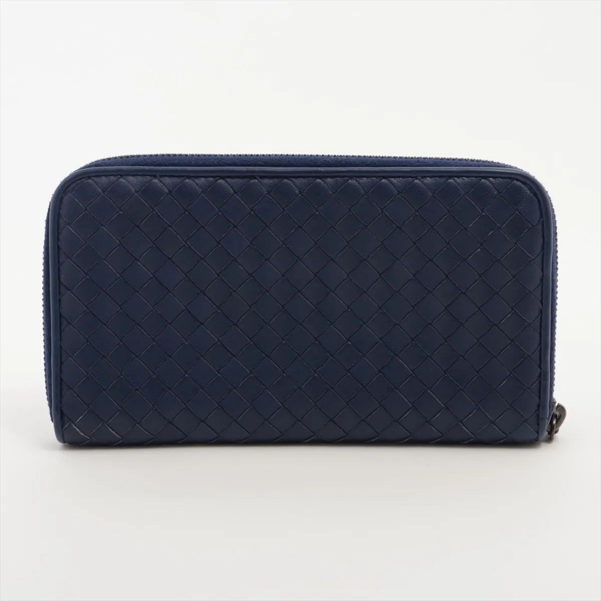 Intrecciato Leather Round Zip Wallet, Navy — view 2