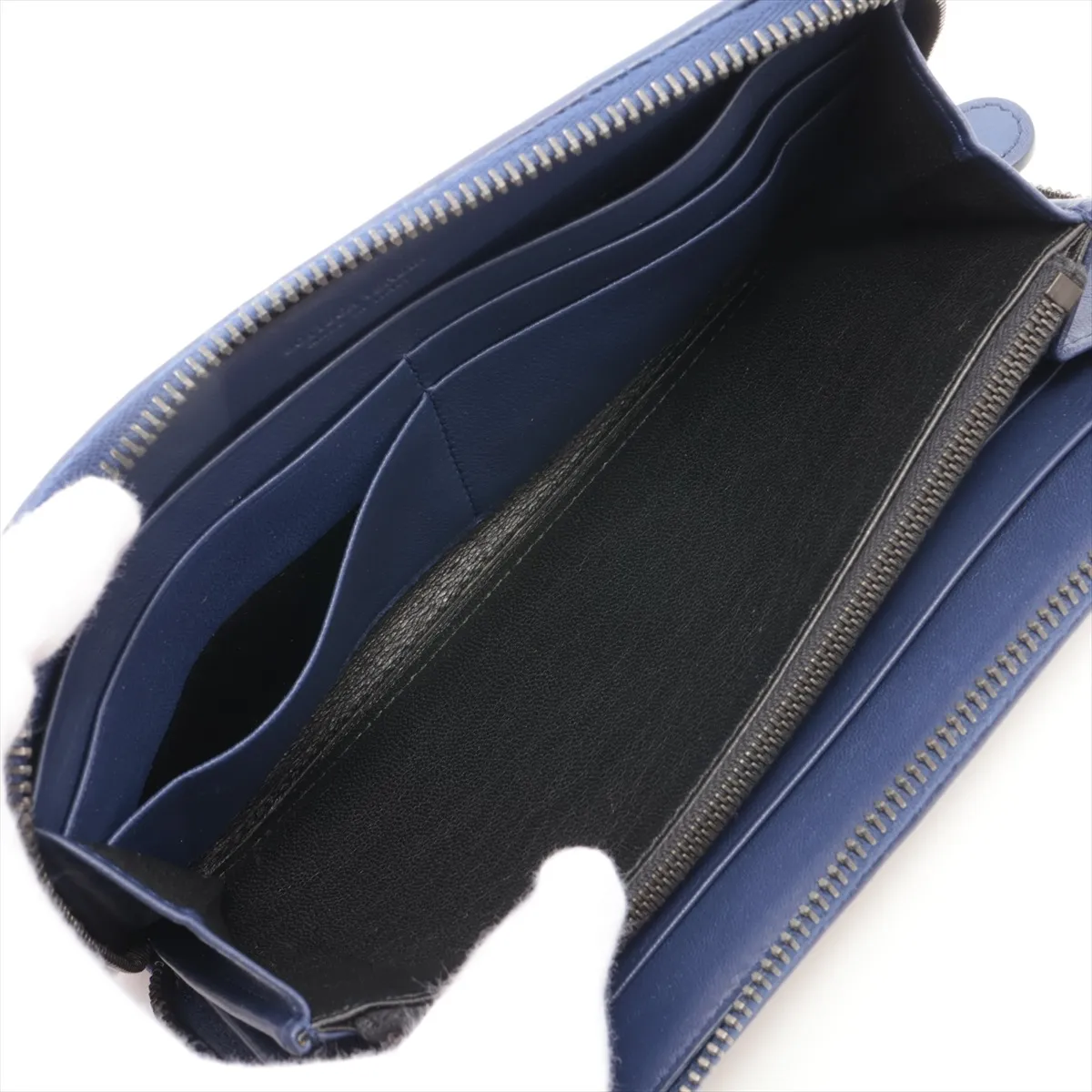 Intrecciato Leather Round Zip Wallet, Navy — view 4