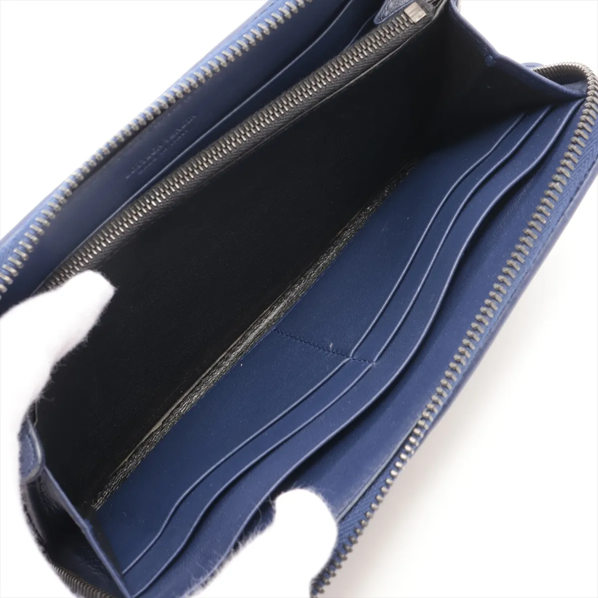 Intrecciato Leather Round Zip Wallet, Navy — view 5