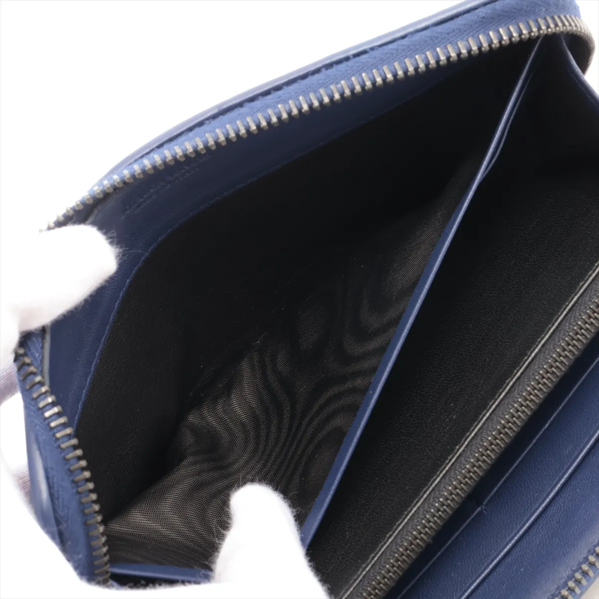 Intrecciato Leather Round Zip Wallet, Navy — view 6