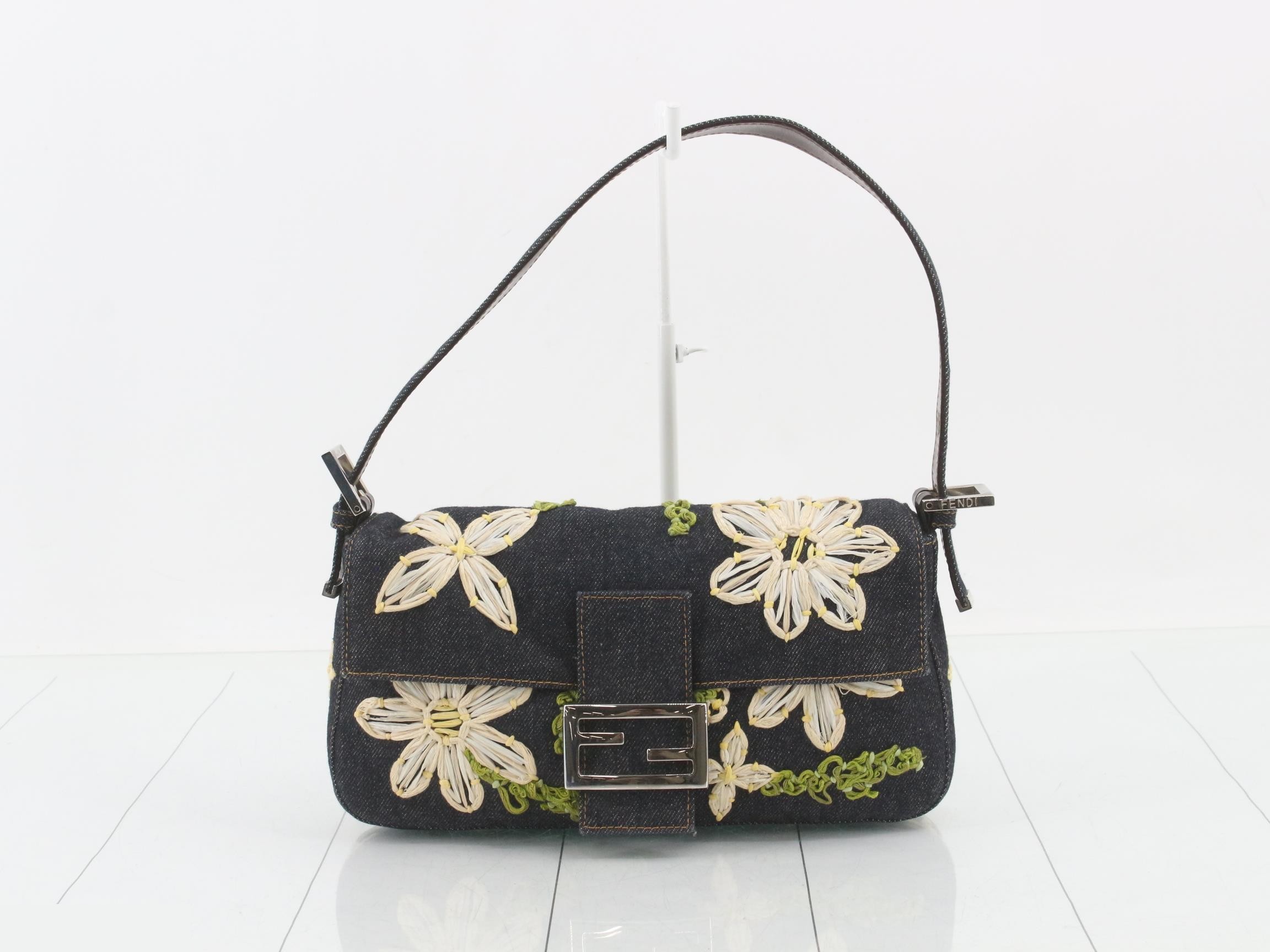 Baguette Shoulder Bag, Denim, Floral Pattern, Navy