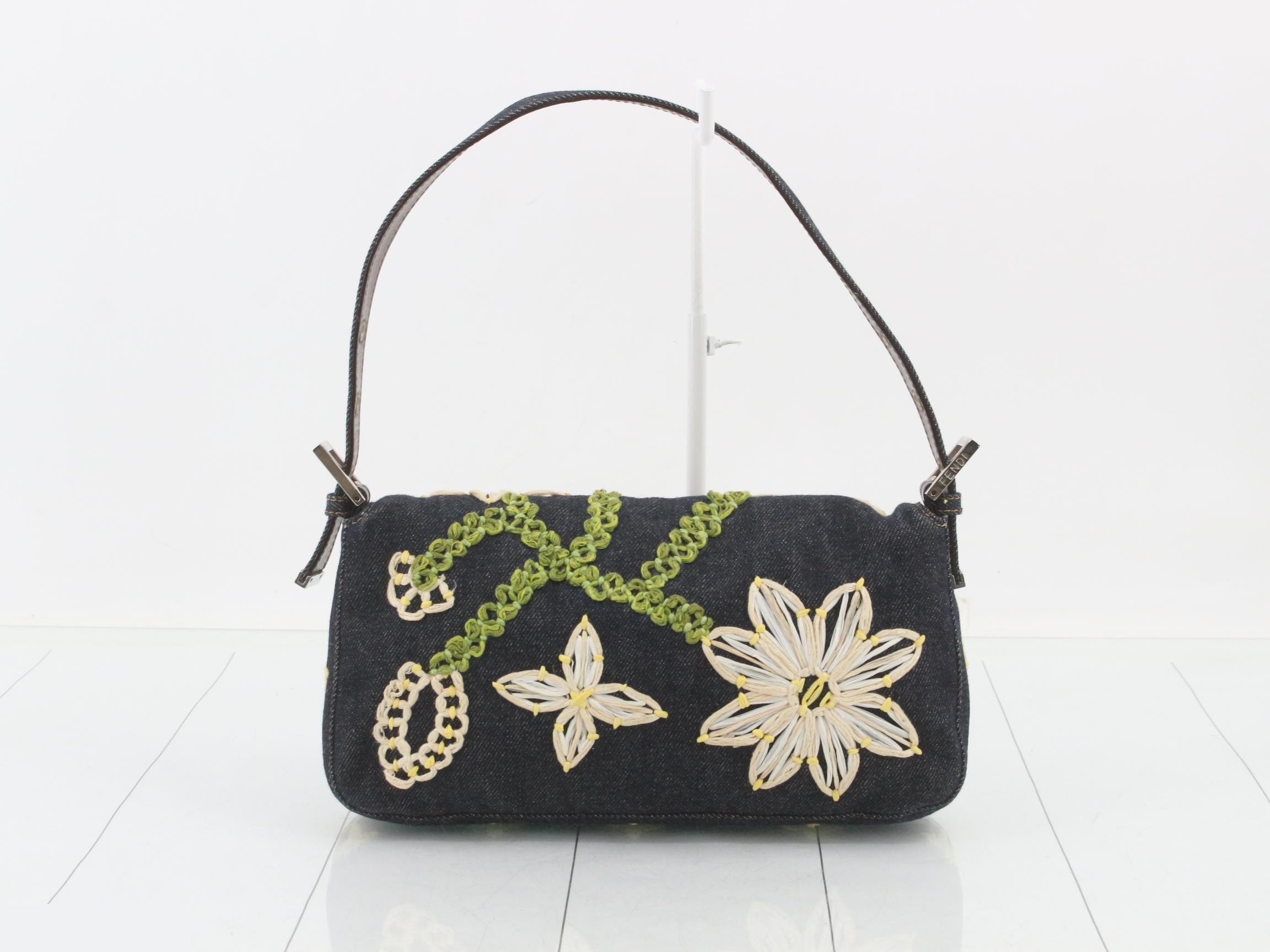 Baguette Shoulder Bag, Denim, Floral Pattern, Navy — view 2