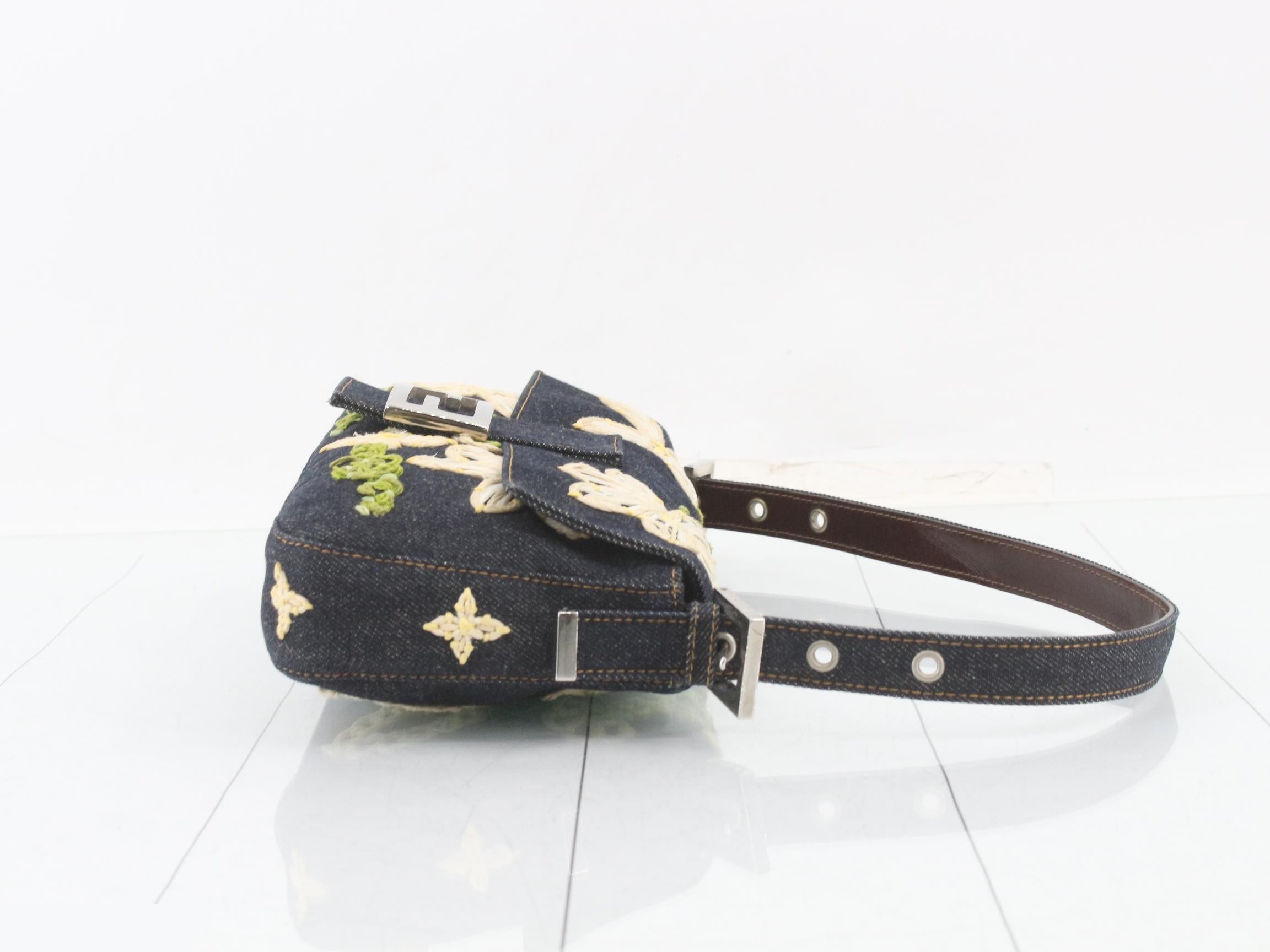 Baguette Shoulder Bag, Denim, Floral Pattern, Navy — view 3