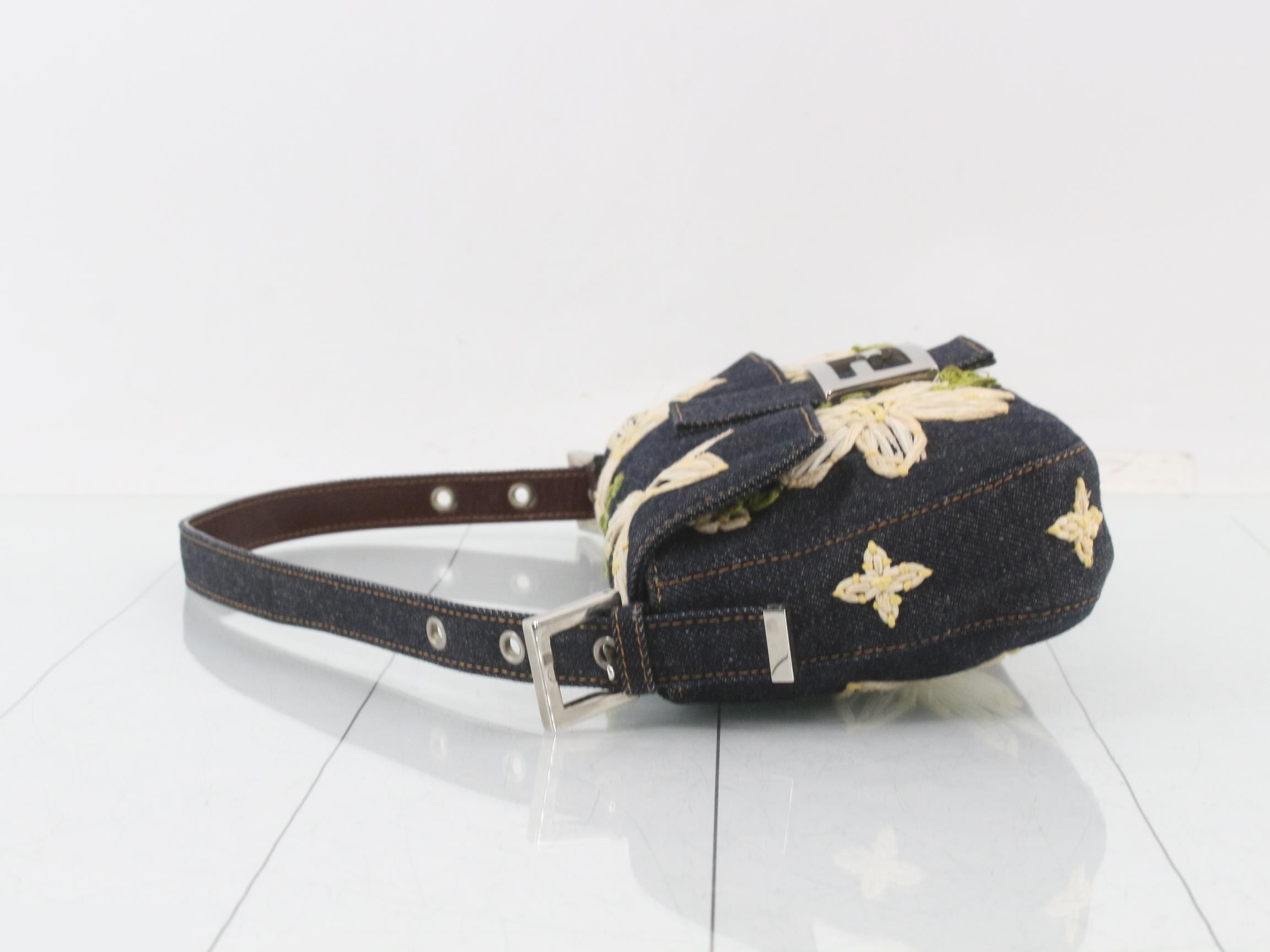 Baguette Shoulder Bag, Denim, Floral Pattern, Navy — view 4