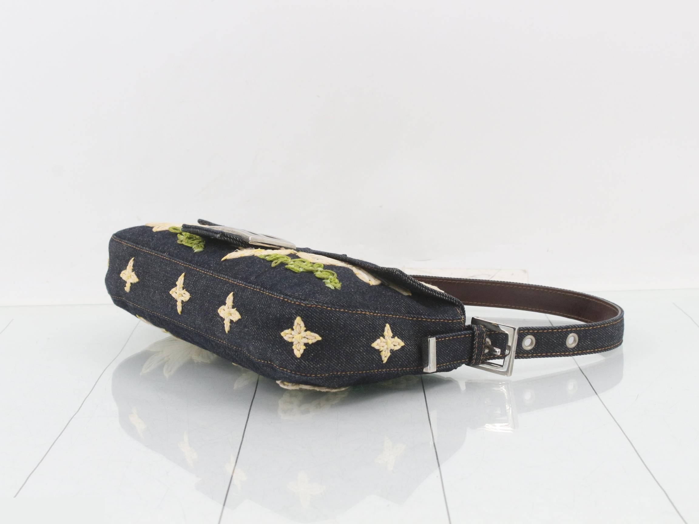 Baguette Shoulder Bag, Denim, Floral Pattern, Navy — view 6