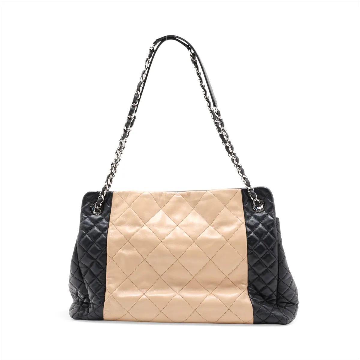 Matelassé Lambskin Chain Tote Bag, Beige x Black, Silver Hardware, Item Number 15254681 (Serial Number in the 15s range) — view 2