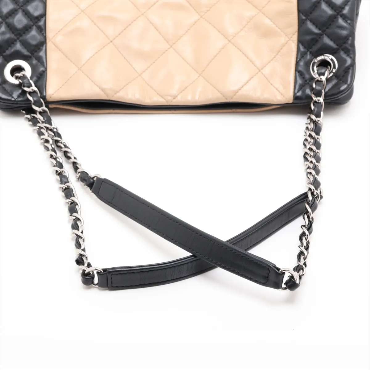 Matelassé Lambskin Chain Tote Bag, Beige x Black, Silver Hardware, Item Number 15254681 (Serial Number in the 15s range) — view 5
