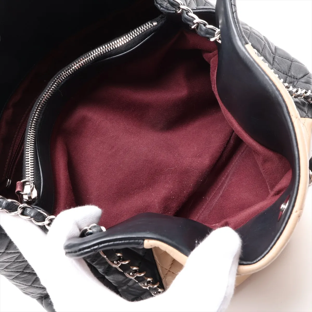 Matelassé Lambskin Chain Tote Bag, Beige x Black, Silver Hardware, Item Number 15254681 (Serial Number in the 15s range) — view 7