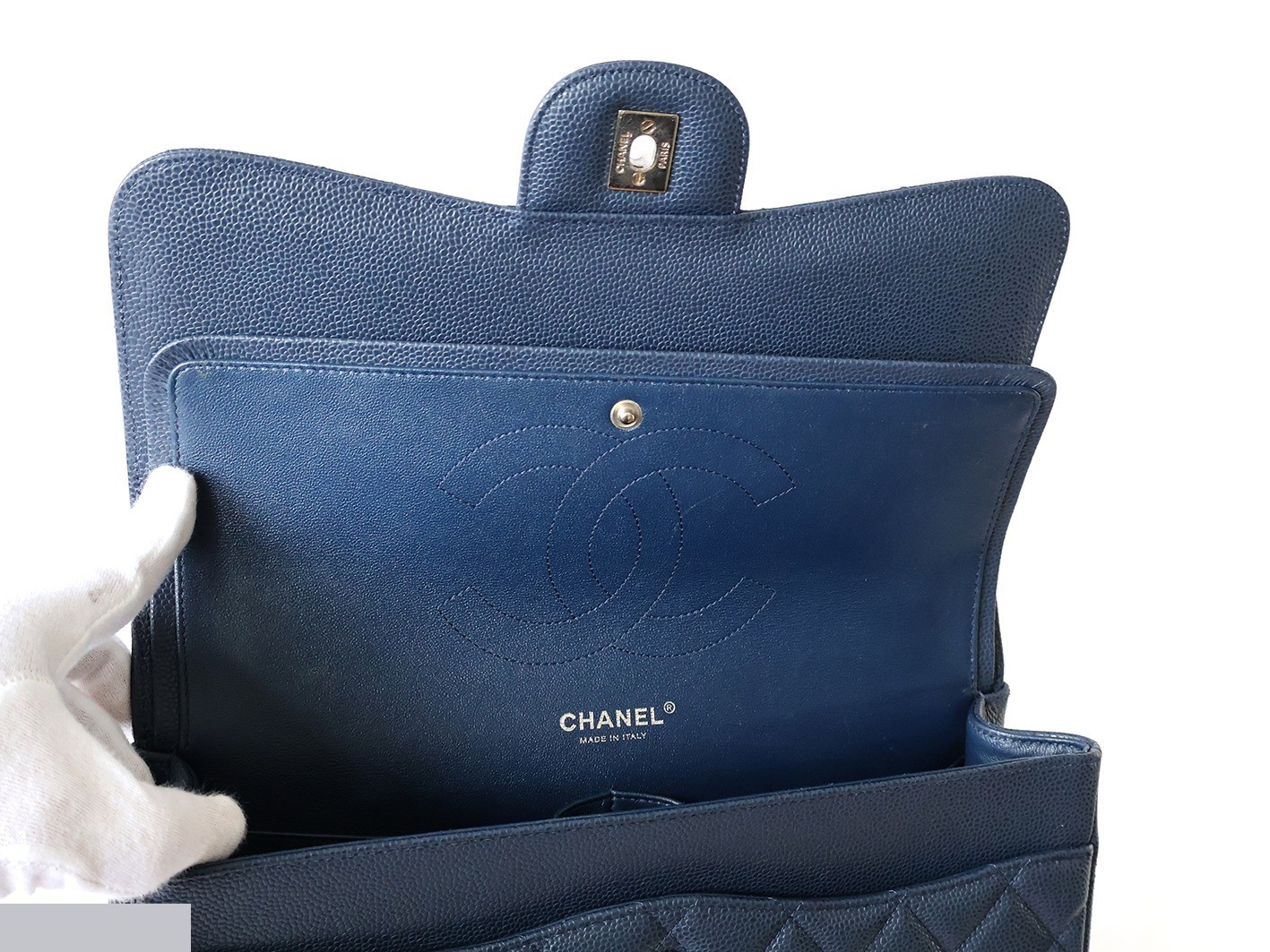 Caviar leather large matelassé bag, size 30, double flap, double chain strap, navy. — view 11