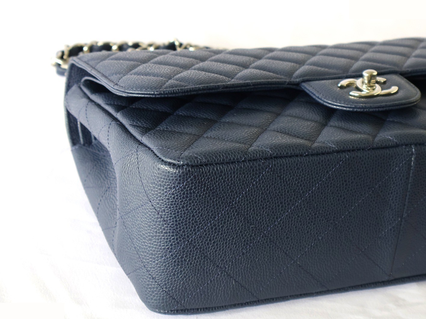 Caviar leather large matelassé bag, size 30, double flap, double chain strap, navy. — view 3