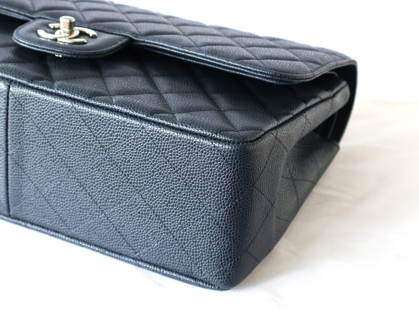 Caviar leather large matelassé bag, size 30, double flap, double chain strap, navy. — view 4
