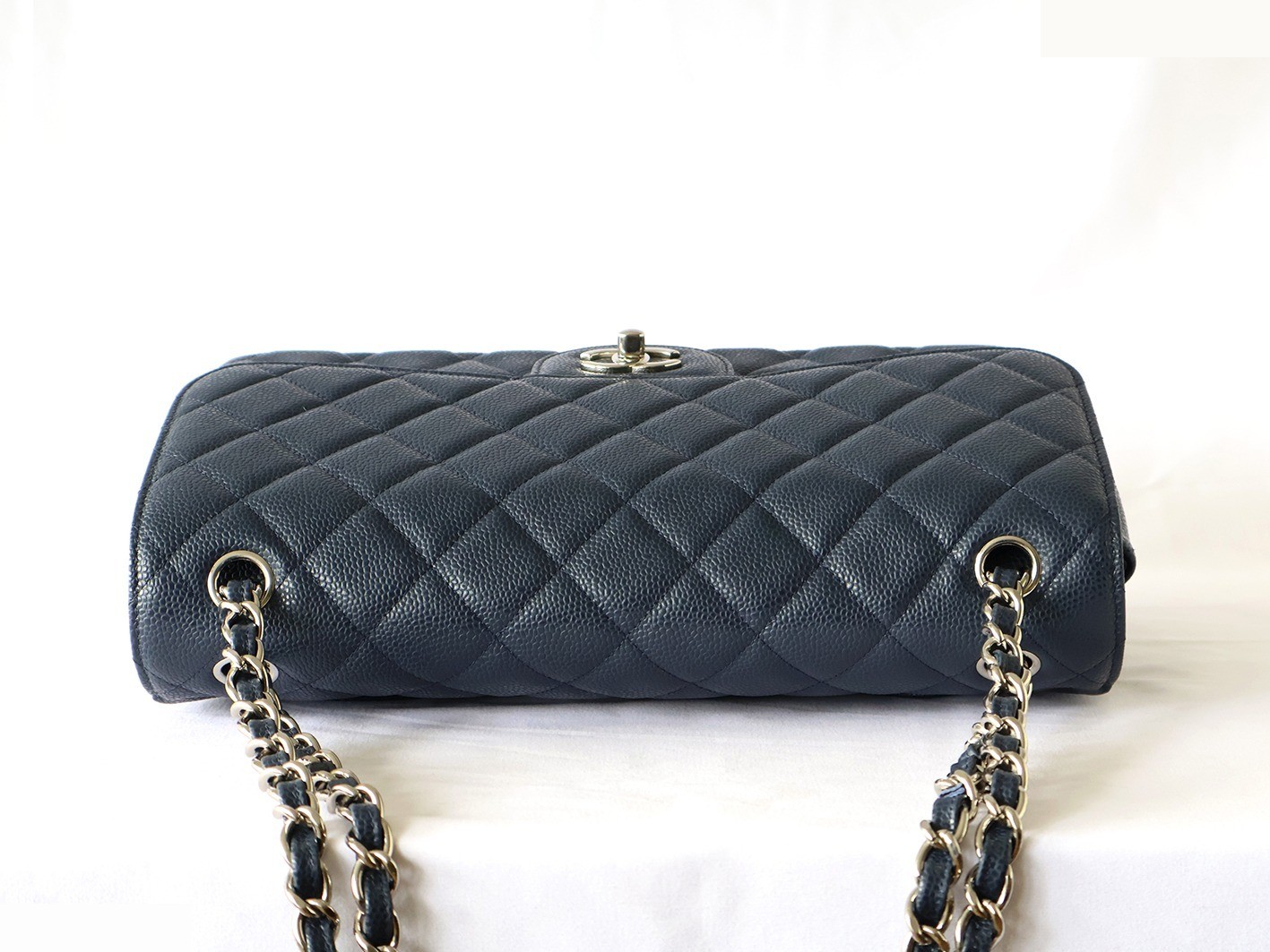 Caviar leather large matelassé bag, size 30, double flap, double chain strap, navy. — view 6