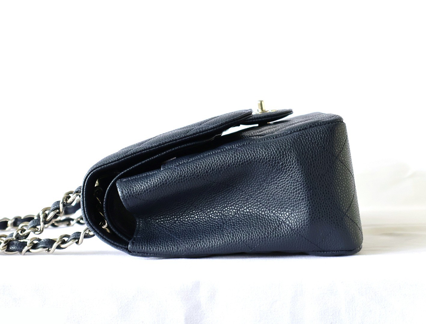 Caviar leather large matelassé bag, size 30, double flap, double chain strap, navy. — view 7