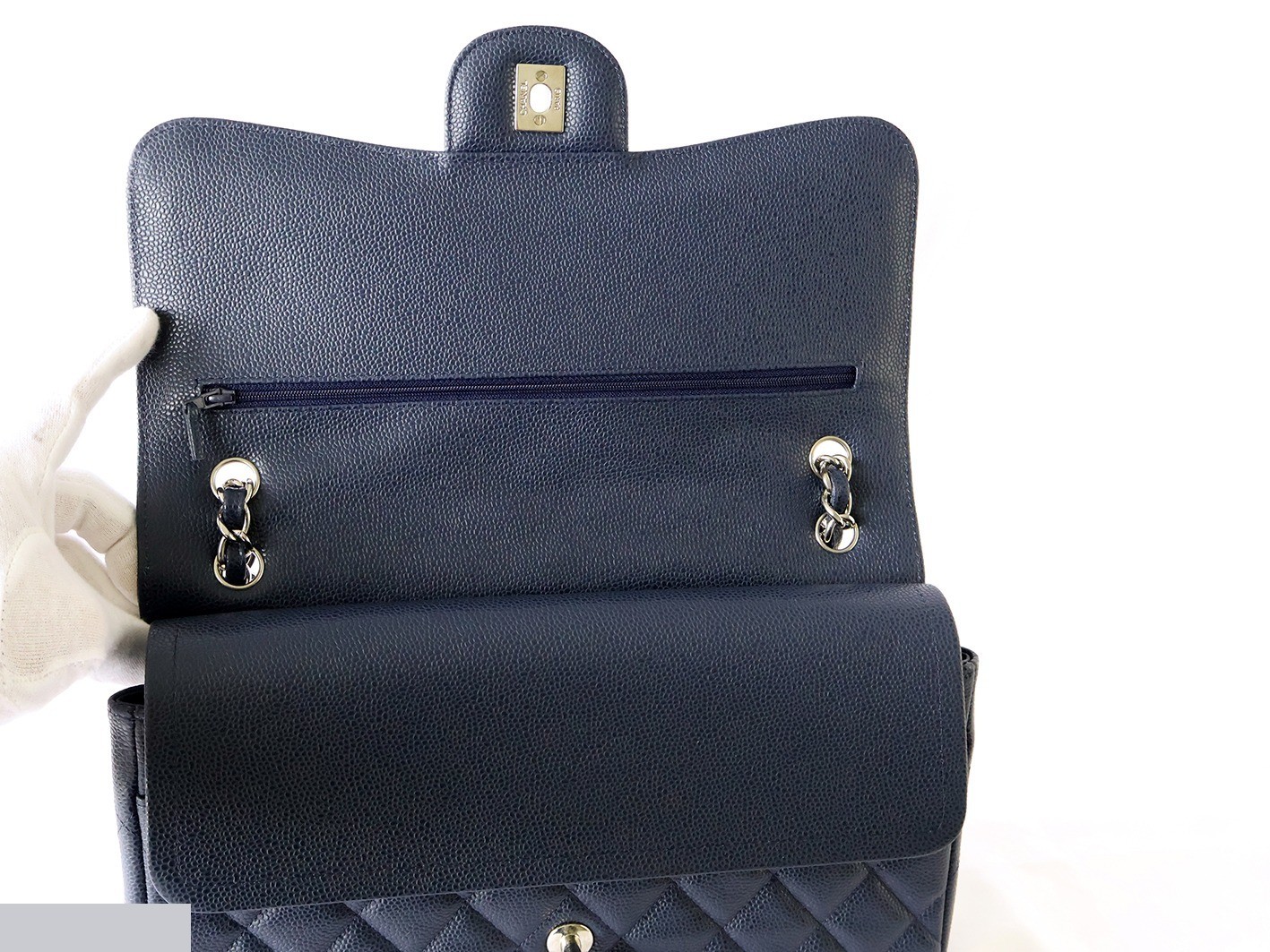 Caviar leather large matelassé bag, size 30, double flap, double chain strap, navy. — view 10
