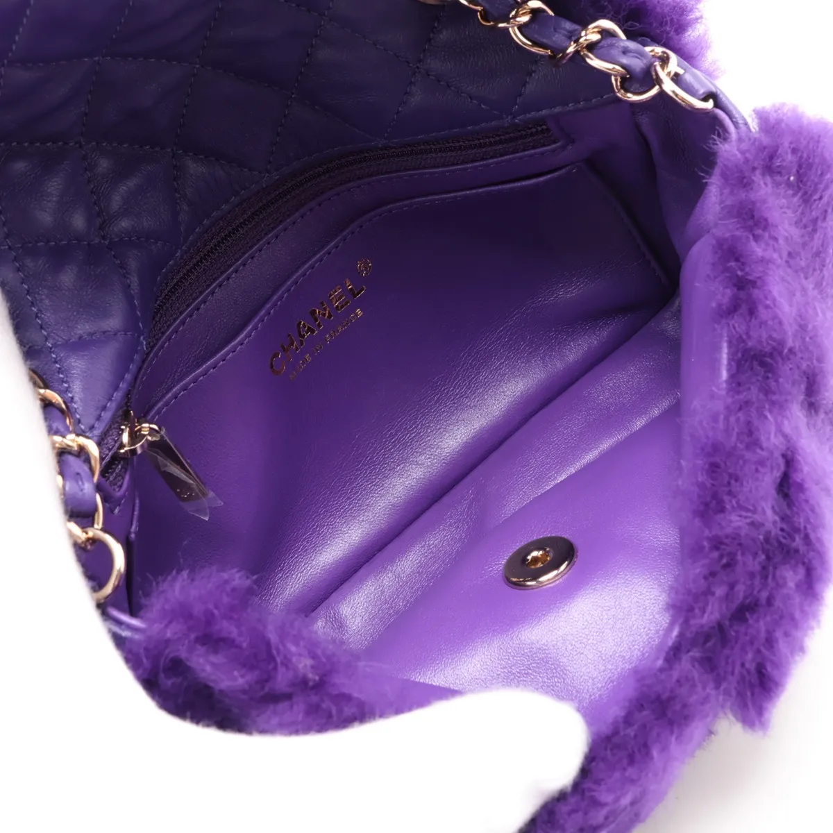 Mini Matelassé 20 Fur x Lambskin Single Flap Single Chain Bag, Purple, Gold Hardware, 28914878, Serial Number 28-series, A69900 — view 6