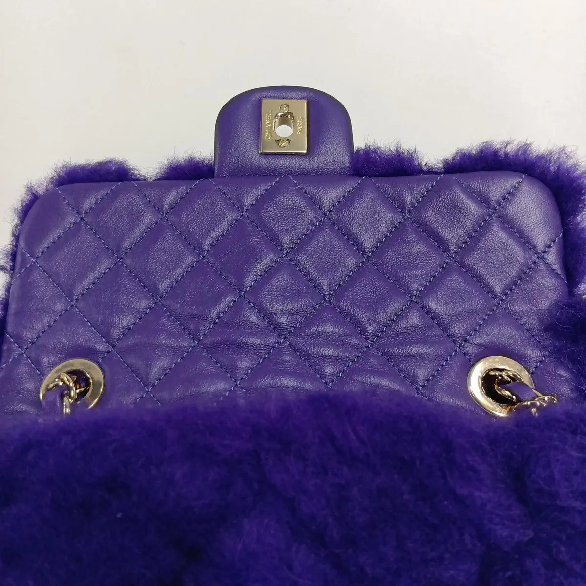 Mini Matelassé 20 Fur x Lambskin Single Flap Single Chain Bag, Purple, Gold Hardware, 28914878, Serial Number 28-series, A69900 — view 10