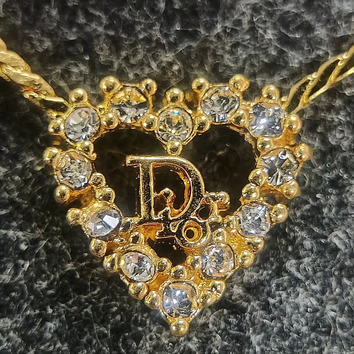 logo necklace, gold plated with rhinestones. Shows signs of wear, tarnishing, — view 6